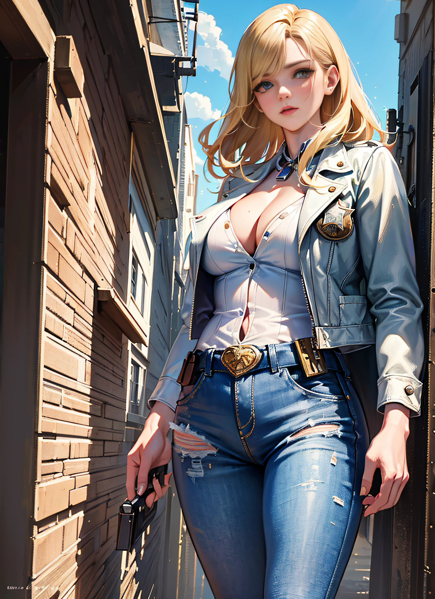 super realistic, 8k, masterpiece, high definition, cinematic, 1950s western, movie poster, handgun no waisted beauty, sheriff, blonde white woman, sheriff batch, cleavage, ripped jacket, ripped pants, confronting the villains, colt in waist holster, (title), striking lighting, 3d rendering, western street corner