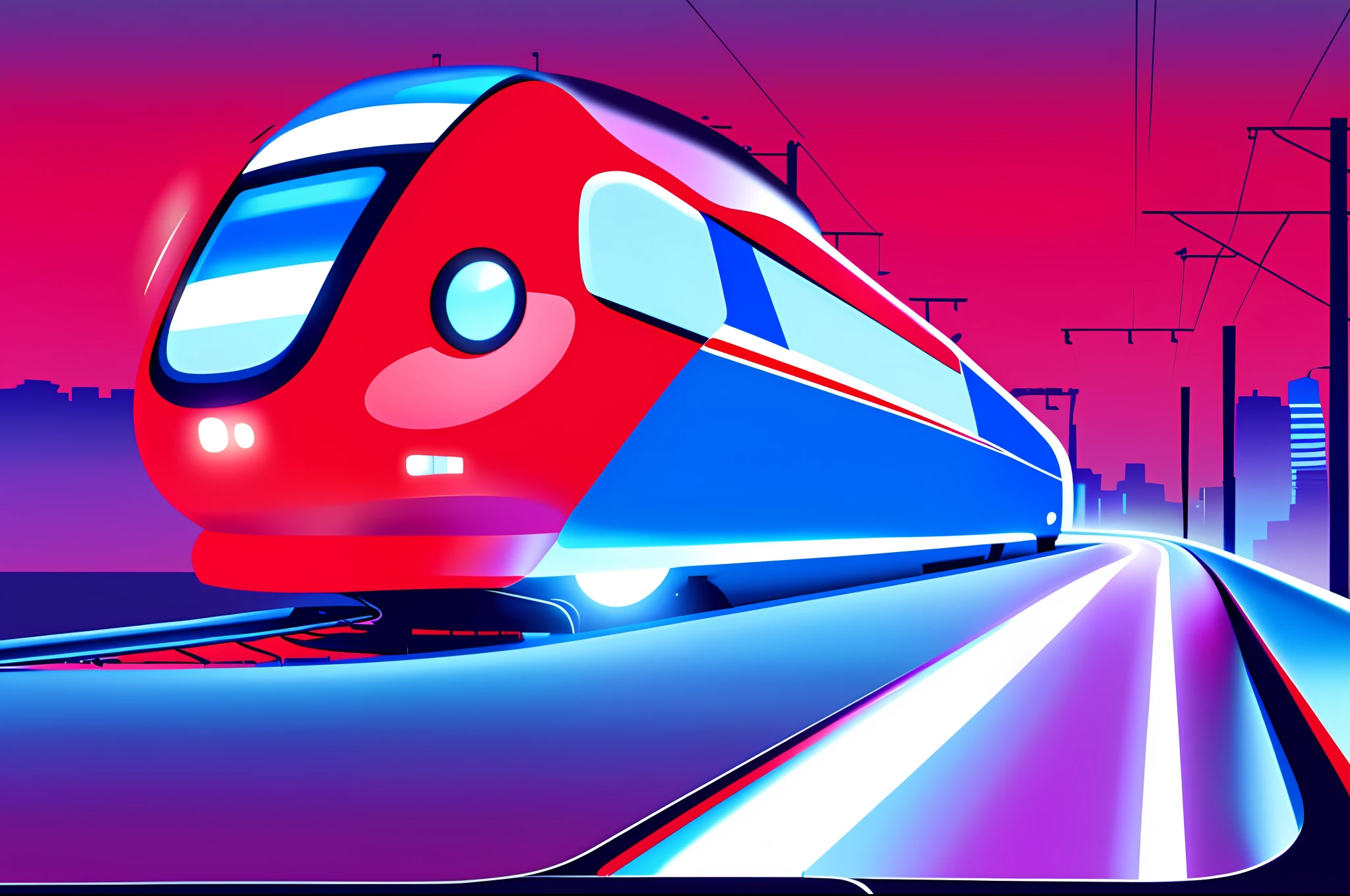 Simplified graphic illustration depicting ((one electric train)) on the rails against the background of the city, blue and red color palette