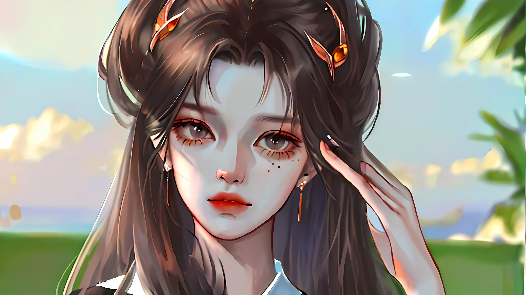 (((Masterpiece))), (((Best Quality: 1.4))), ((Super Detail: 1.4)), In the center of the image is a portrait of a woman in gorgeous makeup, standing on the terrace, looking at the fan in her hand, looking at the distance, with a pitiful and seductive expression,