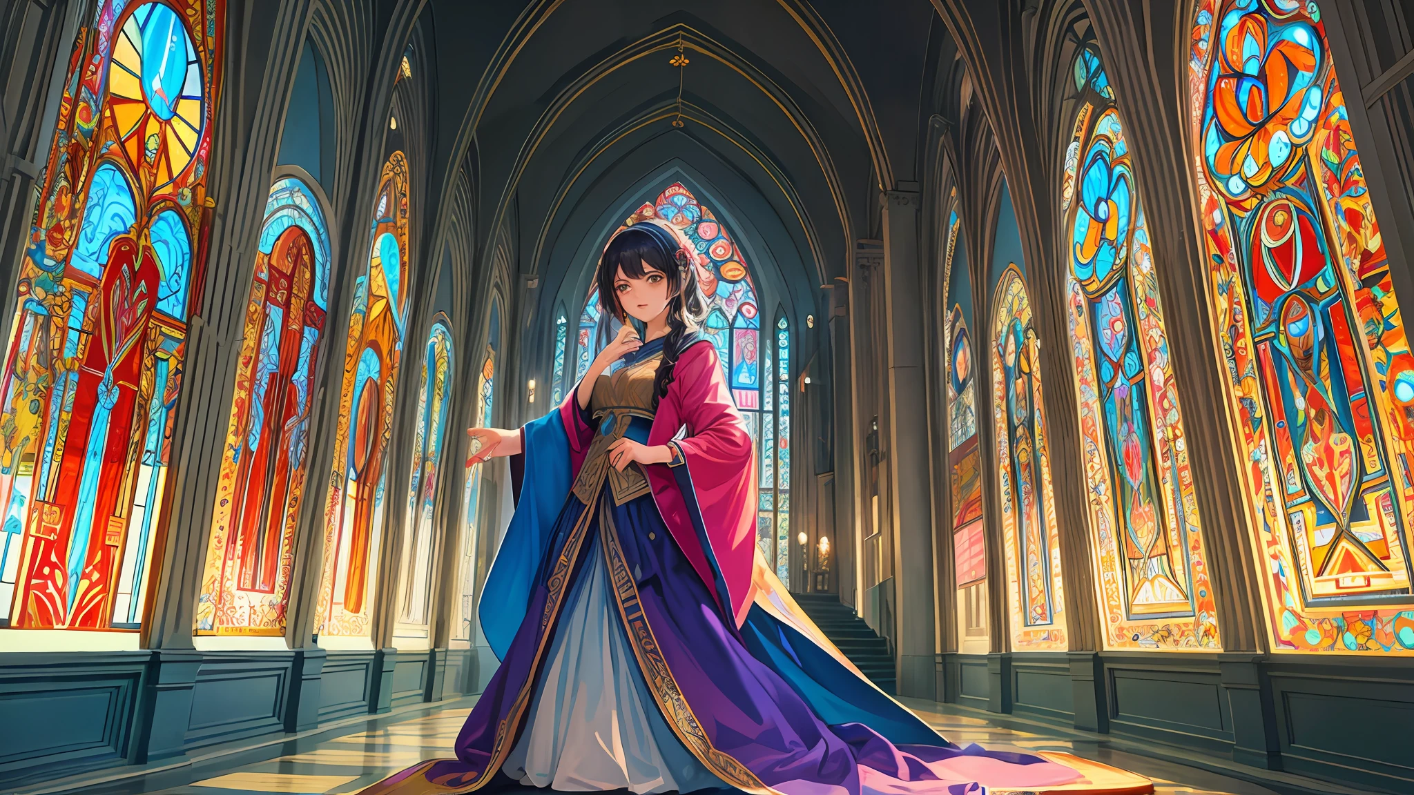 (masterpiece, top quality, best quality,official art, beautiful and aesthetic:1.2),(1girl:1.3), 1girl BREAK stained glass art, colored glass, lead lines, light transmission BREAK vibrant colors, intricate designs, luminous effects, spiritual ambiance