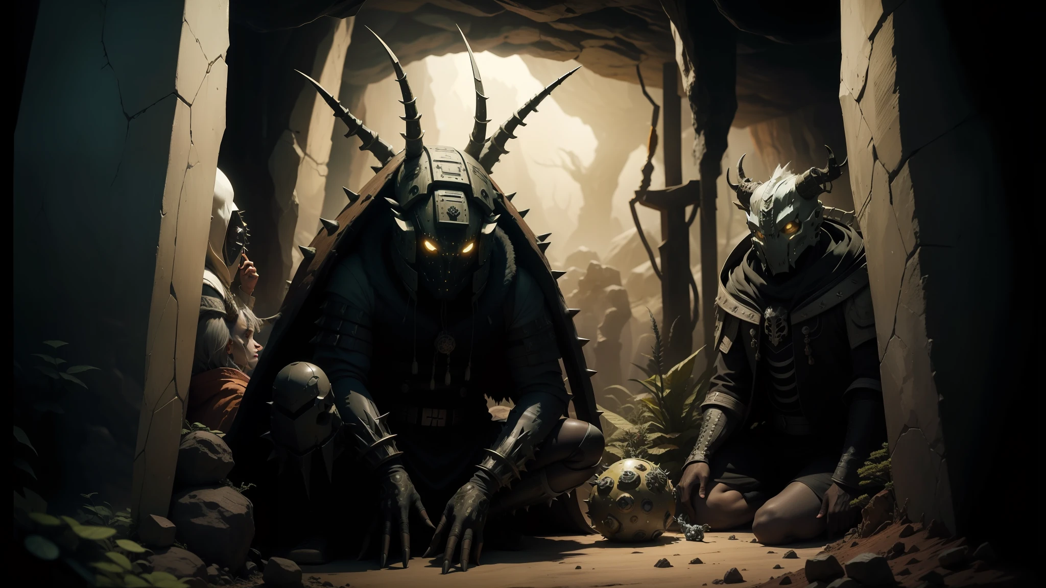 there are two horned men sitting in a cave with skulls, biopunk futuristic wardrobe, zawadzki, in a spiky tribal style, still image from the movie, japanese streetwear, cockroach character, ferrofluids, from doctor who series, as 3 figures, costumes, rabbits --auto --s2