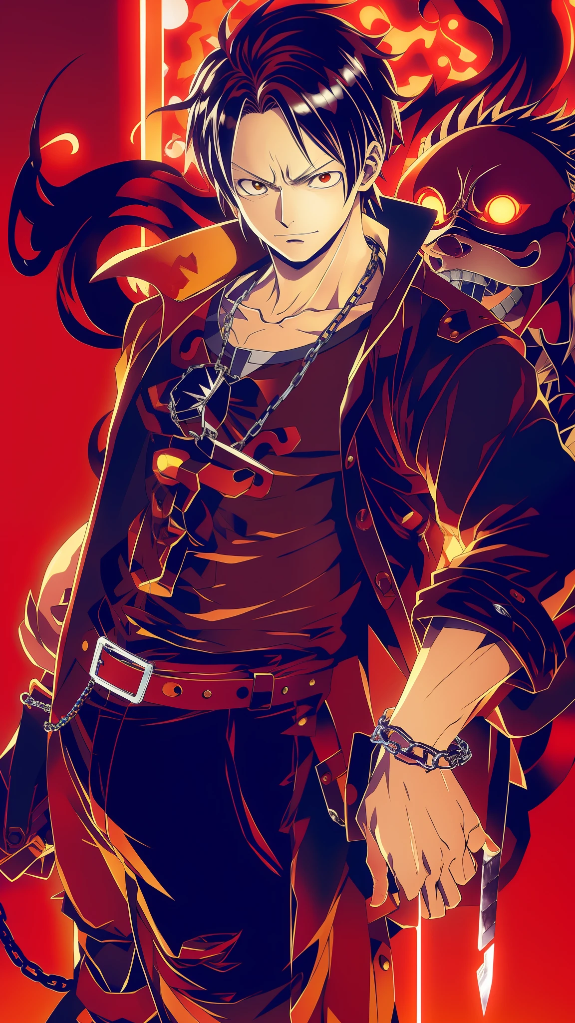 anime character with a chain around his neck and a demon behind him, kazuma kaneko, official art, kentaro miura art style, shigenori soejima illustration, shikanosuke yagaki, official character art, best anime character design, kentaro miura style, norihiro yagi, main character, satoshi kon artstyle