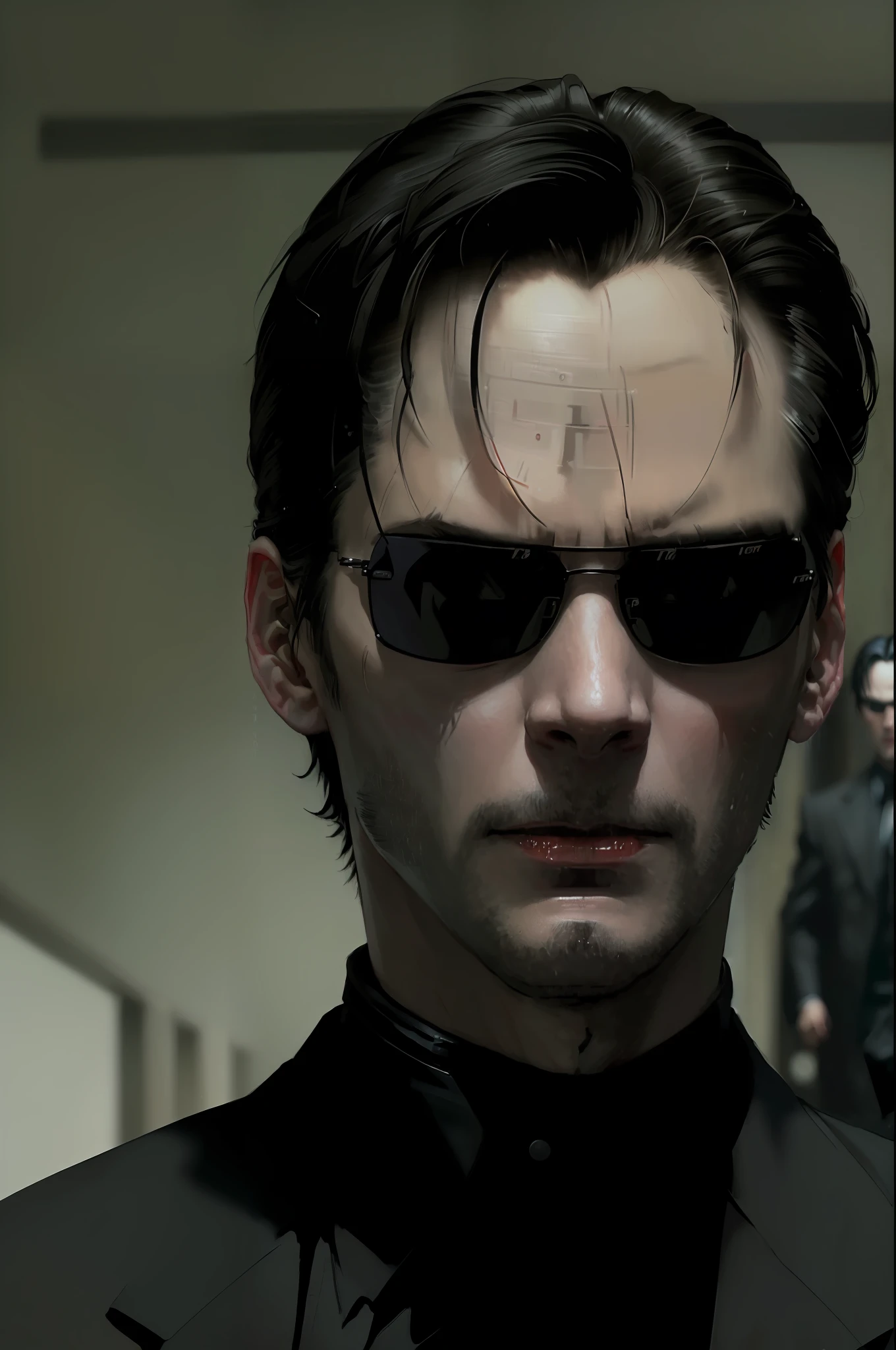 Neo shaved wearing black trench coat with cape, ((((shaved))), black leather,(((Keanu Reeves face as neo from The Matrix 1999))) face ,((best quality)), ((masterpiece)), ((detailed) fan art of (neo from the matix) face, ((neo from matrix face)), keanu reaves, the matrix (1999), sunglasses, night, 80mm, ((western animation)), (neo the matrix (1999)), (short hair), (Tokyo Street Nights), (((without beard))), (((Neo from Matrix 1999))), (((young)))