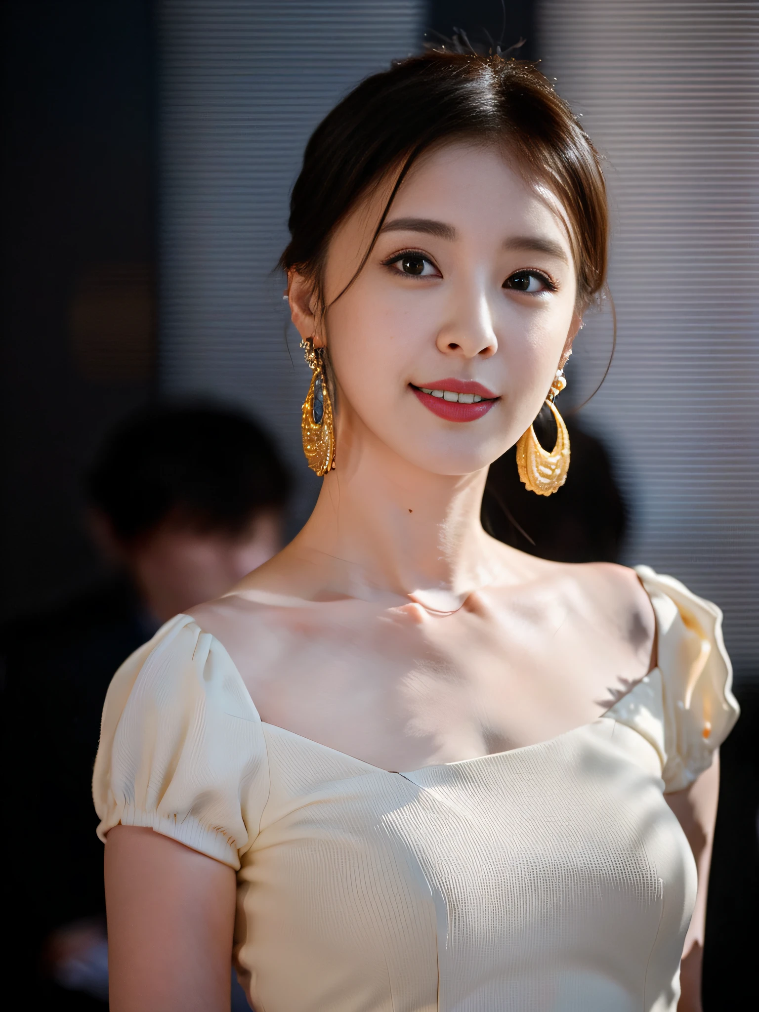 araffe woman with a white top and gold earrings looking at the camera, dilraba dilmurat, gorgeous chinese model, fan bingbing, korean women's fashion model, gorgeous young korean woman, beautiful south korean woman, li bingbing, xintong chen, lu ji, lulu chen, xue han, soft portrait shot 8 k, gongbi