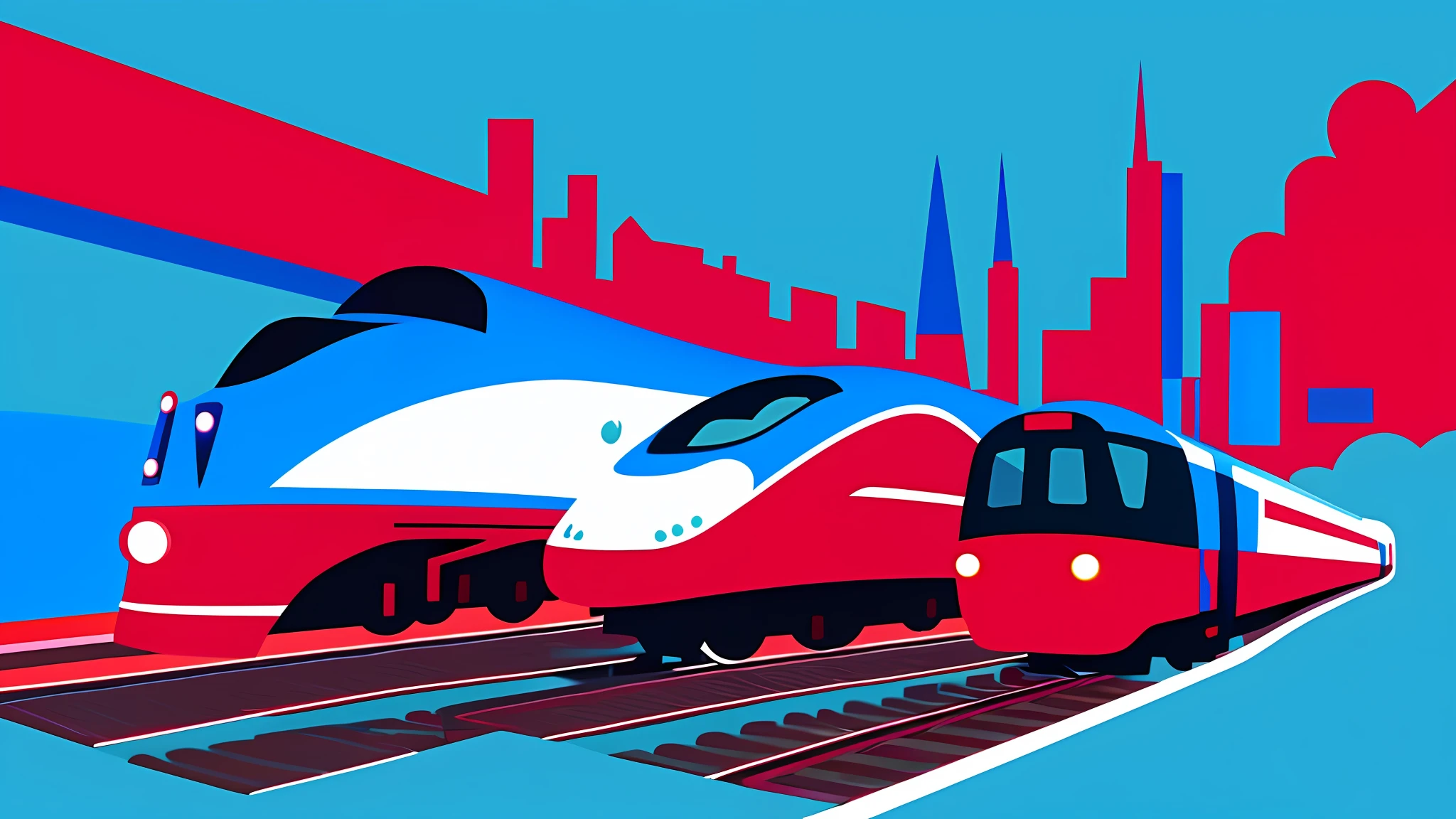 Simplified graphic illustration depicting electric trains on rails against the background of the city, blue and red color palette