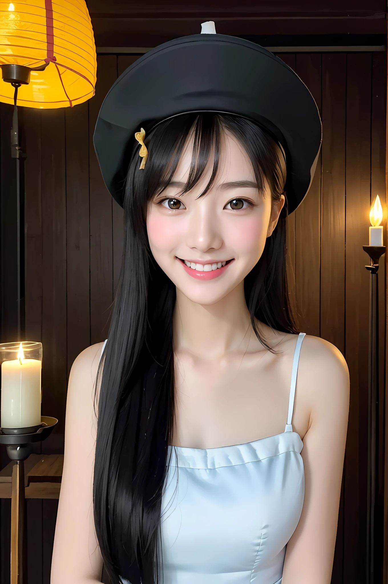(RAW Photos: 1.2), (Masterpiece, Photorealistic: 1.4), (Complex Details: 1.2), (Masterpieces: 1.3), (Best Quality: 1.4), (Ultra High Definition: 1.2), Cinema Lights, Ultra High Definition, (Detailed Eyes), (Detailed Facial Features), (Detailed Clothing Features), 8K Resolution, Viewer's Gaze, 1 Girl, Solo, Black Hair, Underhair, Hat, light_ smile,ofuda,ceramic dress,arms crossed,full body,outdoor,hanging lantern,night,east festival name, perfect for skin, (shiny skin), (slender girl), dreamy, nsfw, candle, candlelight, white flower, constriction, bedroom, straight hair, long hair, black hair, light blue eyes, one girl, cute, innocent, (smile), (innocent smile), skinny, indoor,