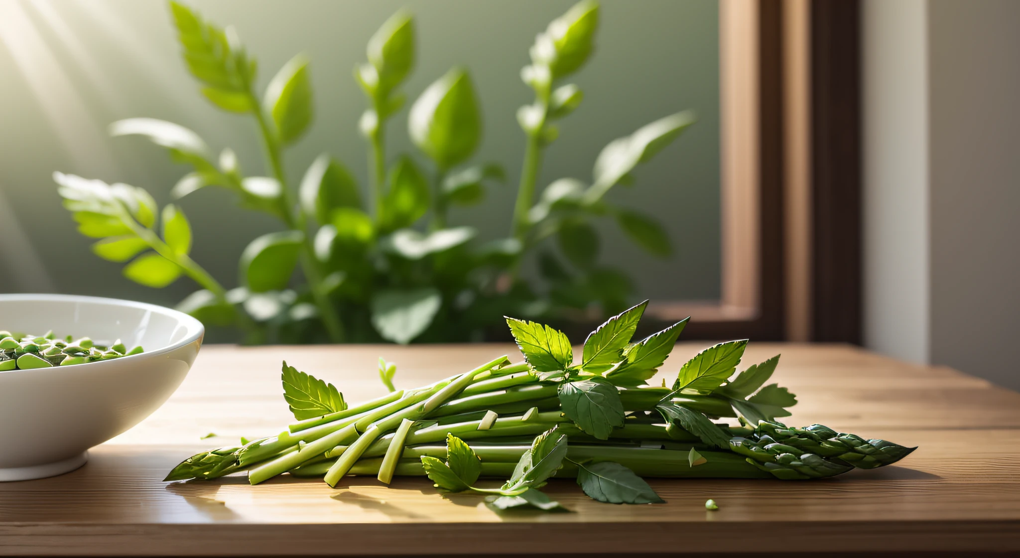There are coriander asparagus and mint on the wooden table, and the sunlight outside the window shines in to highlight the picture of healthy life, and nothing else --auto --s2