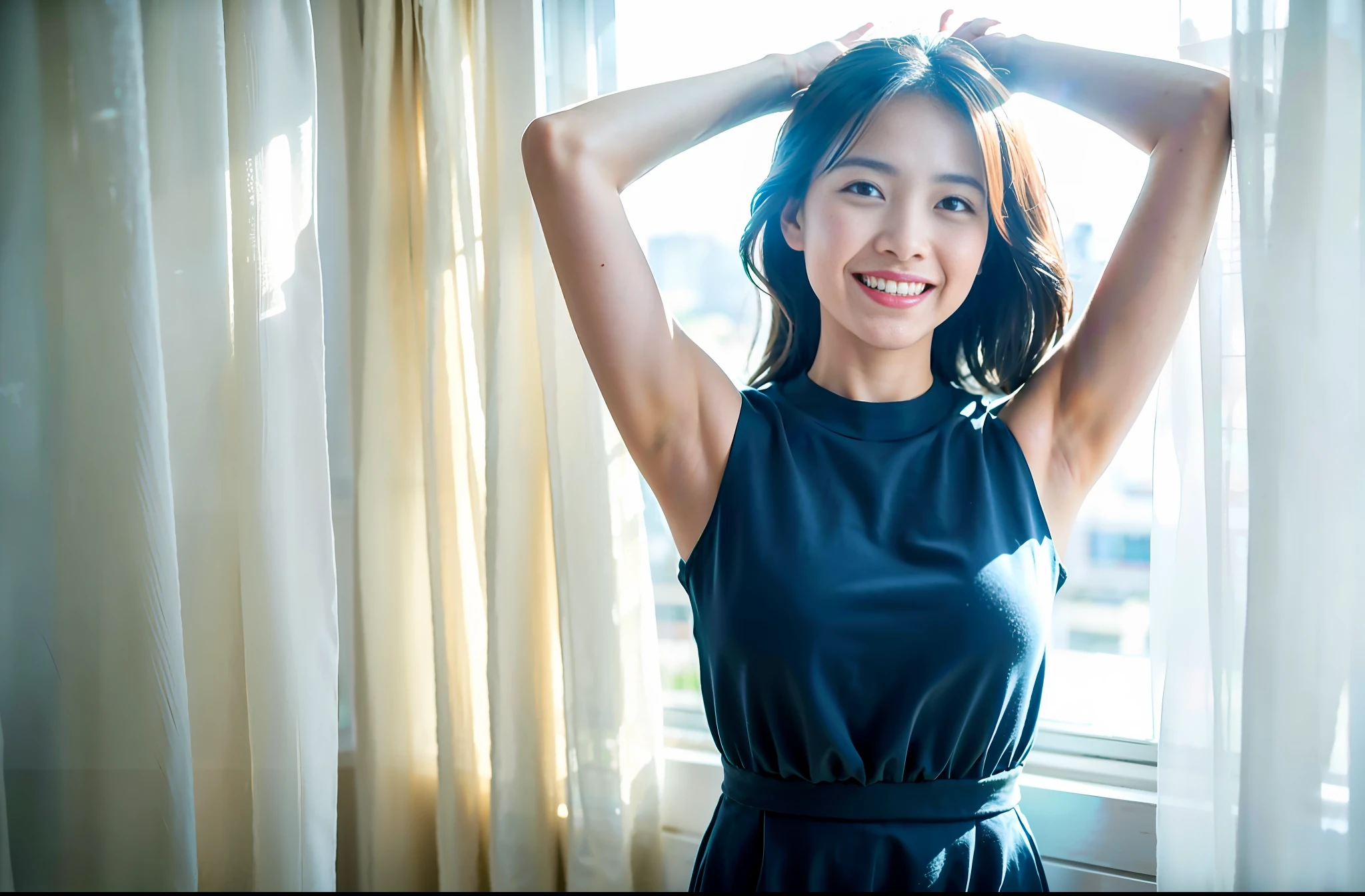((Best Quality)), ((Masterpiece)), (Details: 1.4), One woman, standing in front of the window with white curtains, looking out the window, posing with arms raised (arms up + happiness), expressing joy, expressing joy and cheerfulness, against the background of natural light, advertising image, excited with a smile, morning time, excitement, contentment pose, happy look, arms raised, shining morning light, shining happy atmosphere