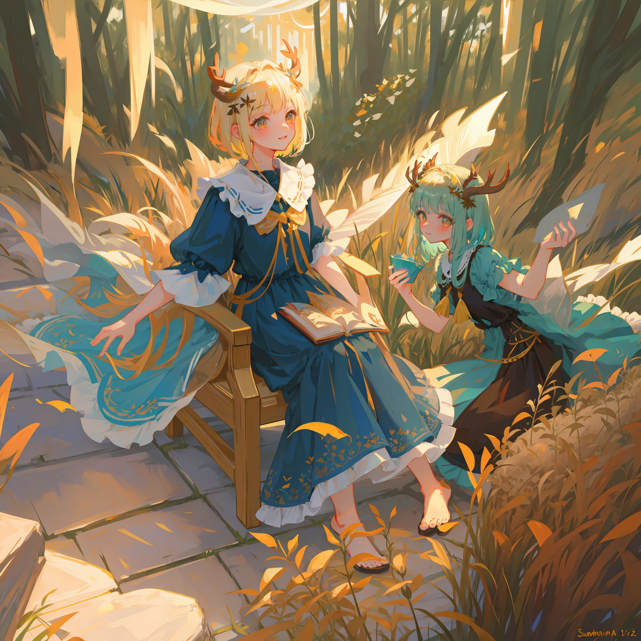 ((Masterpiece, Best Quality)),,(HD Pictures)),1 Girl,Solo,((Beautiful Clear Detail Face)),((Beautiful Detail Eyes)),(Beautiful Detail Eyelashes),Deer Antlers,Barefoot,Knee Up,Dress,Seated,Deer Ears,Short Sleeves, Looking at the Audience, Grass, Short Hair, Smile, Gray Hair, Fluffy Sleeves, Outdoor, Fluffy Short Sleeves, Bangs, On the Ground, Full Body, Vintage Dress, Sunshine, Brown Eyes, Dappled Sunlight, Day, Depth of Field ,,, Hair Decoration, Delicate hair, intricate hair accessories, jewelry, soft lighting, gorgeous colored light and shadow, stunning environment, vivid colors