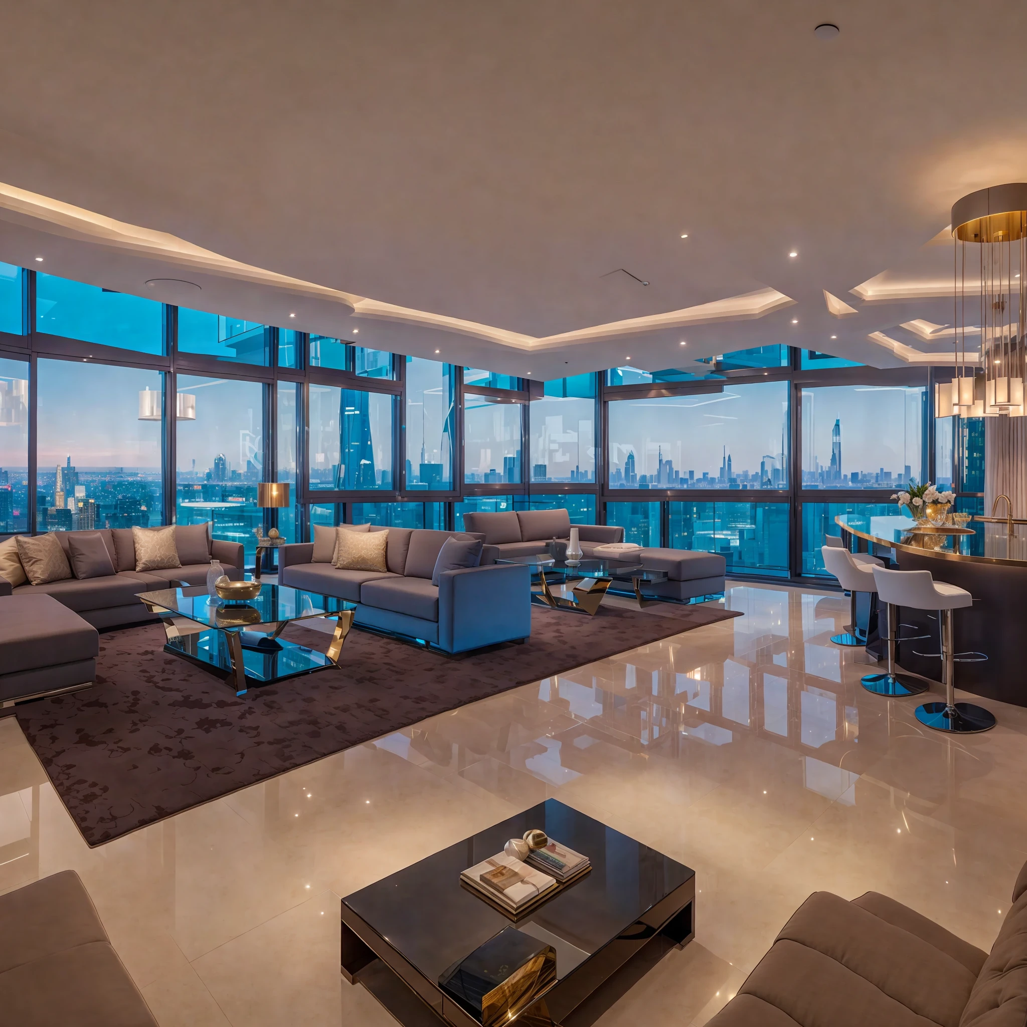 arafficial living room with a view of the city, penthouse, luxurious environment, luxury condo interior, floor - to - ceiling windows, zenith view, interior photography, expansive cinematic view, overlooking a modern city, skyline showing from the windows, expansive view, high end interior, award-winning masterpiece, fancy apartment, award winning interior design, city apartment