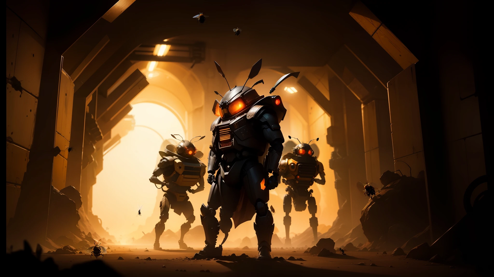 there are many people in a tunnel with a giant bug, key character poster, in formation, concept image, miners, in his suit, intimidating appearance, as 3 figures, jackstraws, by Tadashi Nakayama, chappie, buggy, (bee), promotional render, mechanisms --auto --s2