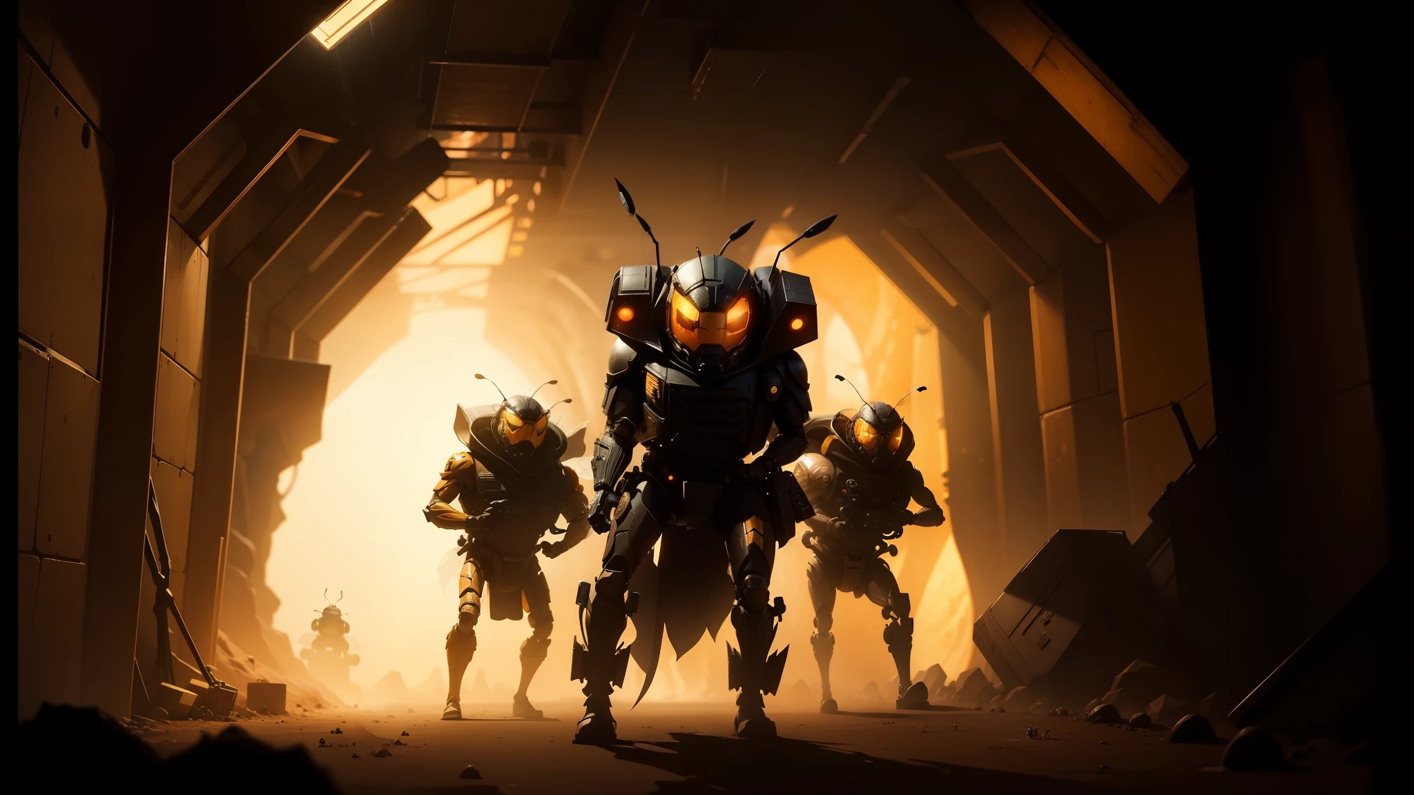 there are many people in a tunnel with a giant bug, key character poster, in formation, concept image, miners, in his suit, intimidating appearance, as 3 figures, jackstraws, by Tadashi Nakayama, chappie, buggy, (bee), promotional render, mechanisms --auto --s2