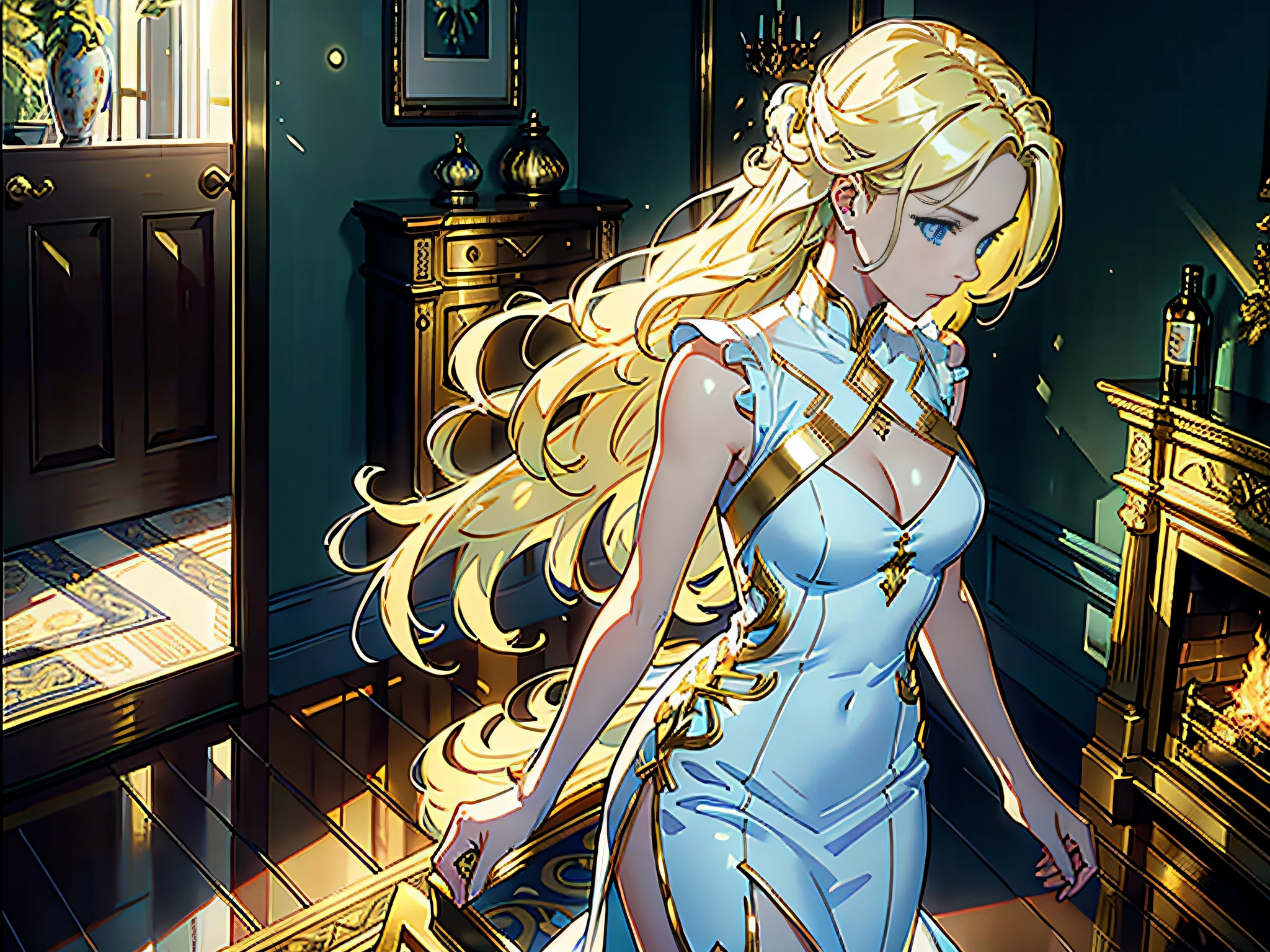 ((Masterpiece)), ((Best Quality)), 8K, HD, Super Detail, (Woman), (White dress inlaid with yellow gold rimmed), (1.5) (Golden hair), (Blue eyes) (Living room door 1.3) (Upper body display 1.4) The artwork is a masterpiece, with the best quality and super detail, captured in 8K HD. Photographic realistic, realistic, very detailed illustrations realistic, octane rendering
