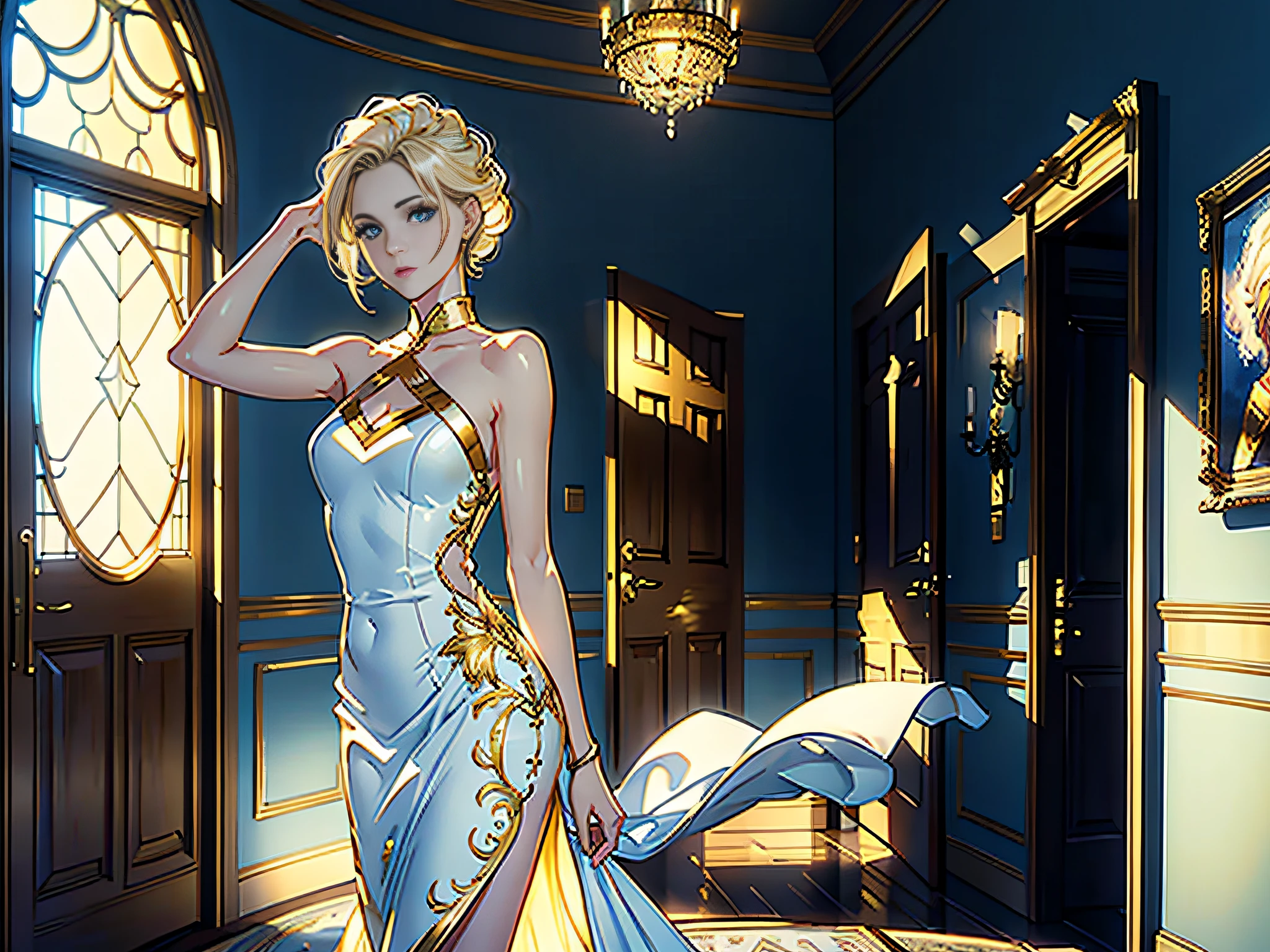 ((Masterpiece)), ((Best Quality)), 8K, HD, Super Detail, (Woman), (White dress inlaid with yellow gold rimmed), (1.5) (Golden hair), (Blue eyes) (Living room door 1.3) (Upper body display 1.4) The artwork is a masterpiece, with the best quality and super detail, captured in 8K HD. Photographic realistic, realistic, very detailed illustrations realistic, octane rendering