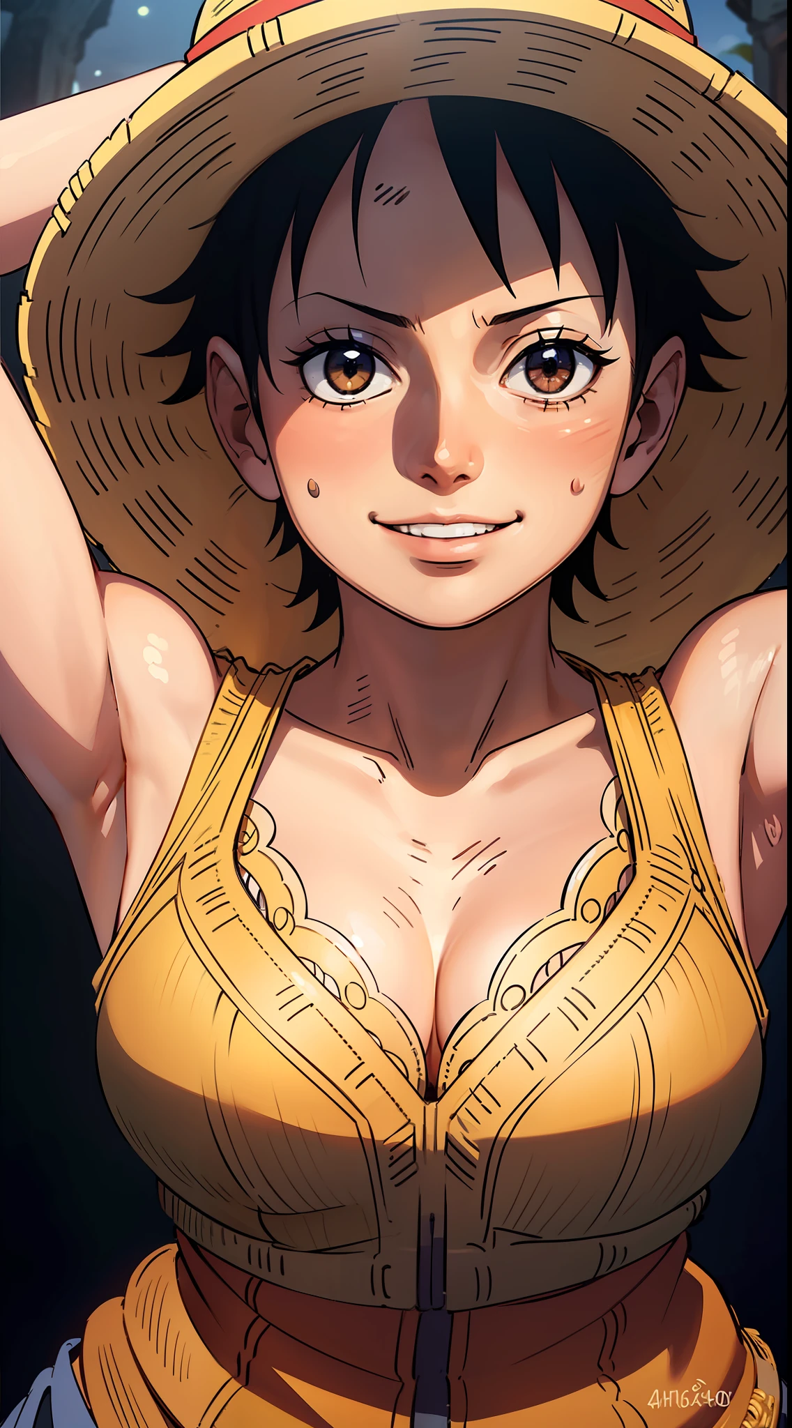 ultra realistic 8k cg, ((ultra detailed background, delicate pattern, intricate detail, highly detailed, fine details)), best quality, (photorealistic:1.4),beautiful lighting, Monkey D Luffy, Straw hat, one piece, big smile, smirk, black hair, Gear 5, gum gum no