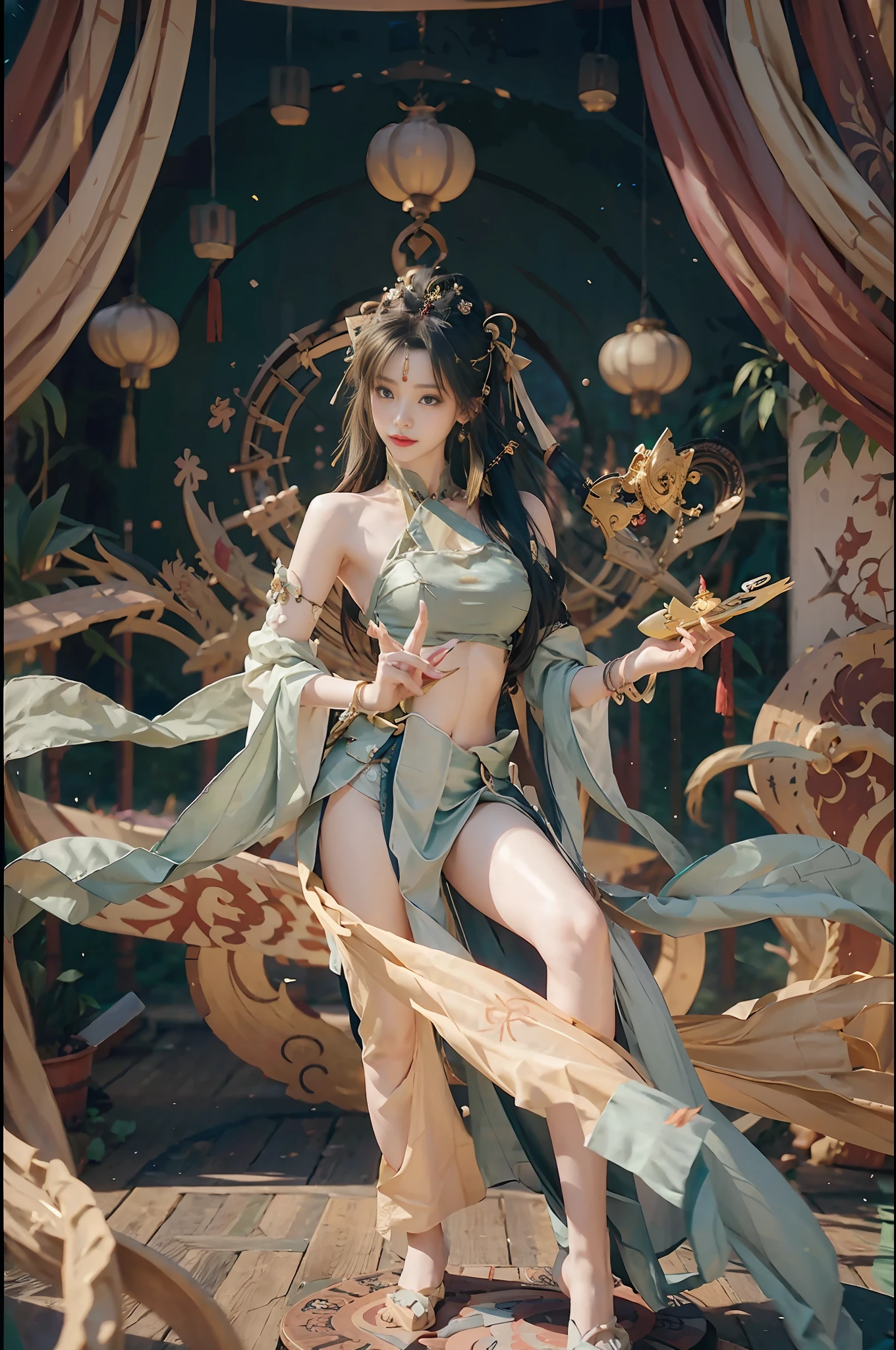 Dunhuang style, 1girle, (realistic, photorealistic real: 1.3), extremely delicate beautiful girl, supple fair skin, delicate facial features, perfect face, sexy collarbone, delicate forehead hands, delicate eyelashes, delicate eyes, bare shoulders, stunning beauty, extreme details, realistic details, best quality, high detail, masterpiece, shoulders, navel, flying fairy, Dunhuang mural in background, dance, Buddhist instrument in hand, floating metal, black hair, very long hair, hair ornament, ribbon, ancient chinese hairstyle, hair bubbles, flowers on head, gradient eyes, smile, surrealism, high detail, romanticism, cinematic lighting, glitter, reflected light, uhd, retina, masterpiece, super detail, textured skin, anatomically correct, high detail, best quality, high resolution, high quality, award-winning, 8K