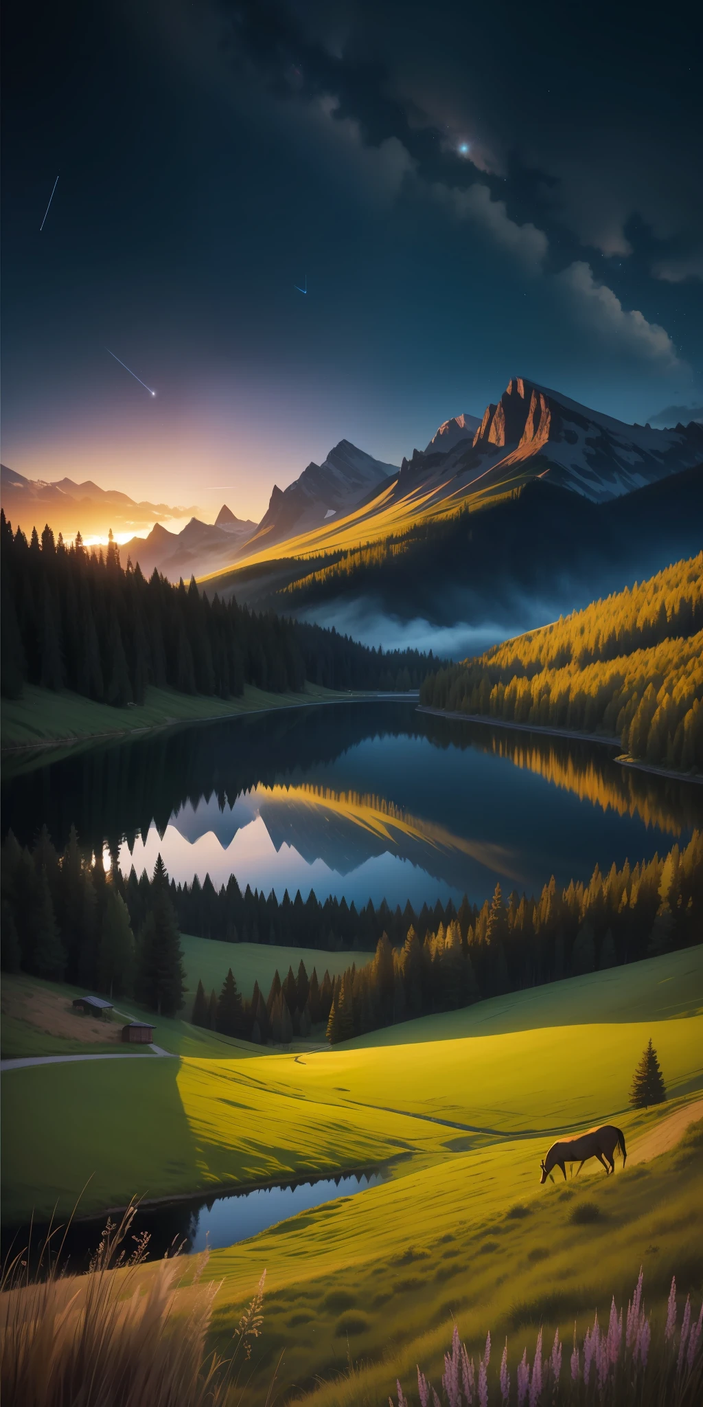 Constellation story night night scene grassland dawn lake landscape composite poster