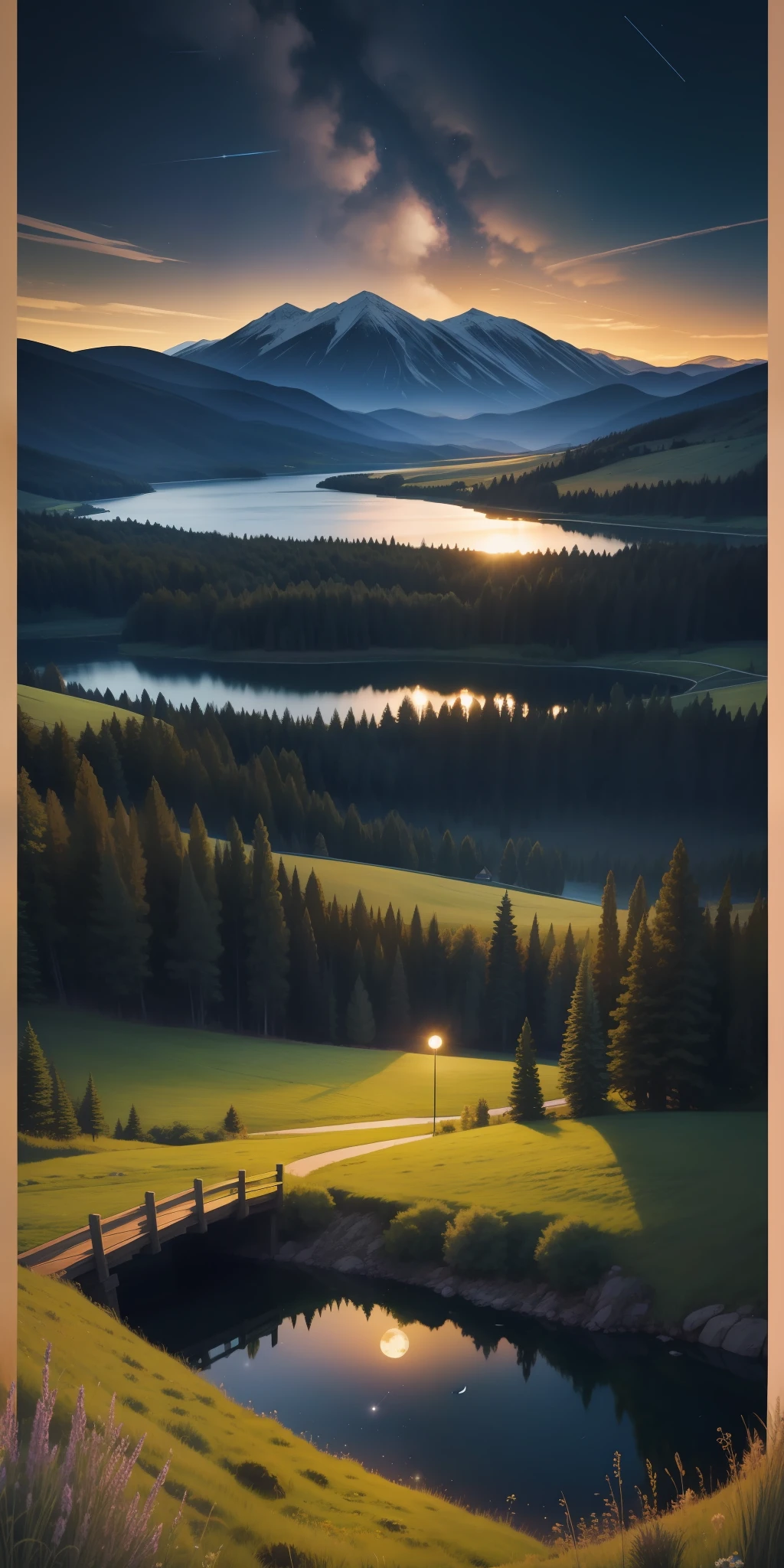 Constellation story night night scene grassland dawn lake landscape composite poster