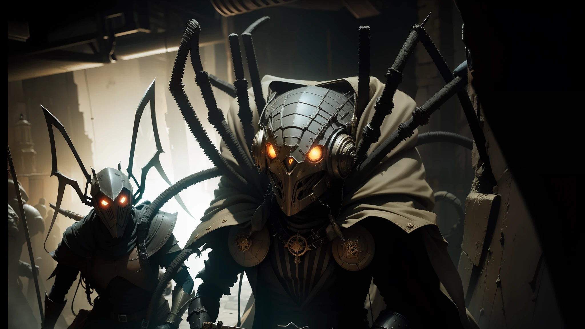 they are dressed in costumes of alien creatures and holding swords, 2 0 1 5 live music video, steampunk spider, necromunda, film still from dune 2020, by Nathan Wyburn, dwarves, riot entertainment, nazgul, promotional material, horror animatronic, dark alleyway, puṣkaracūḍa --auto --s2