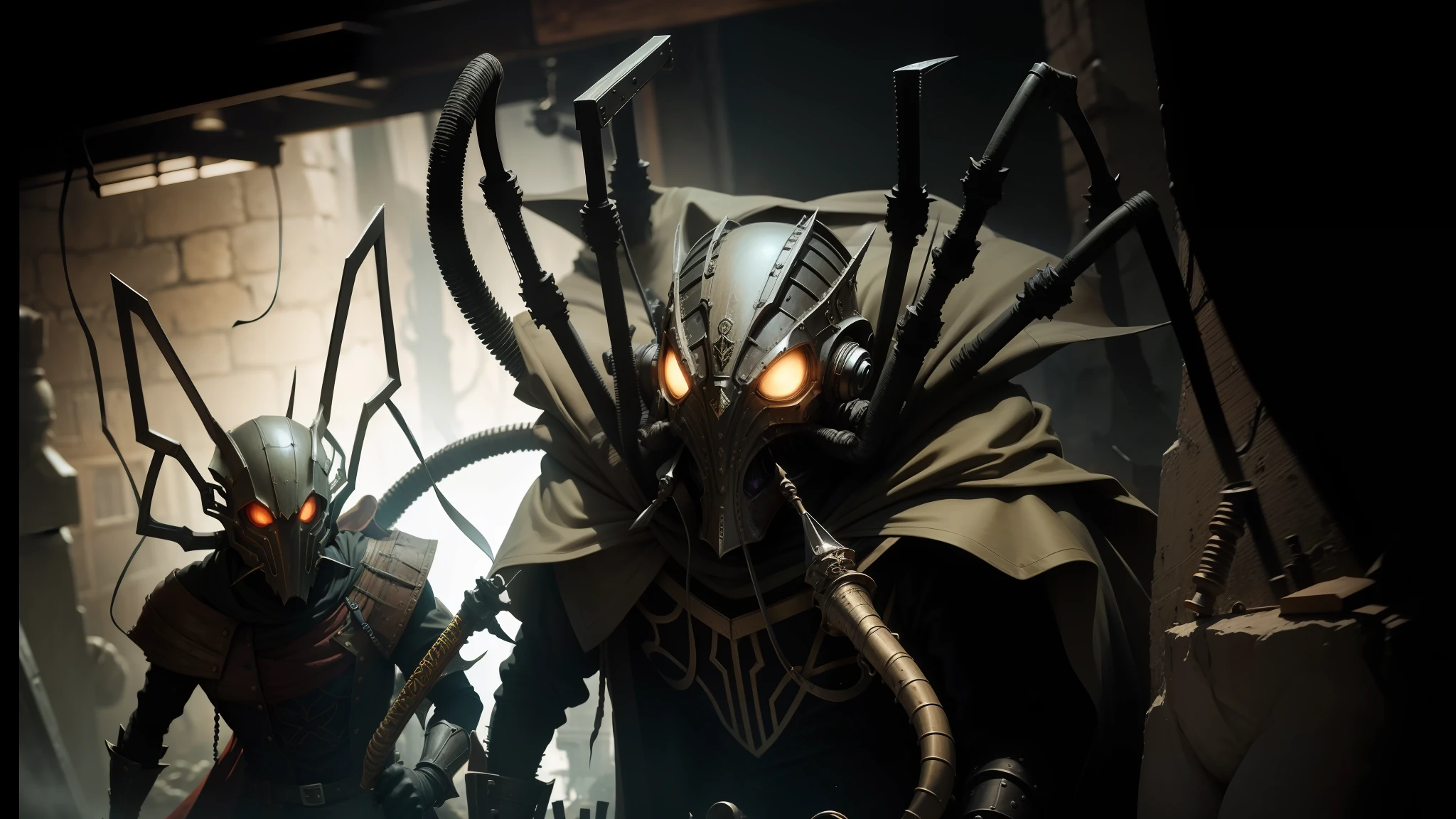 they are dressed in costumes of alien creatures and holding swords, 2 0 1 5 live music video, steampunk spider, necromunda, film still from dune 2020, by Nathan Wyburn, dwarves, riot entertainment, nazgul, promotional material, horror animatronic, dark alleyway, puṣkaracūḍa --auto --s2