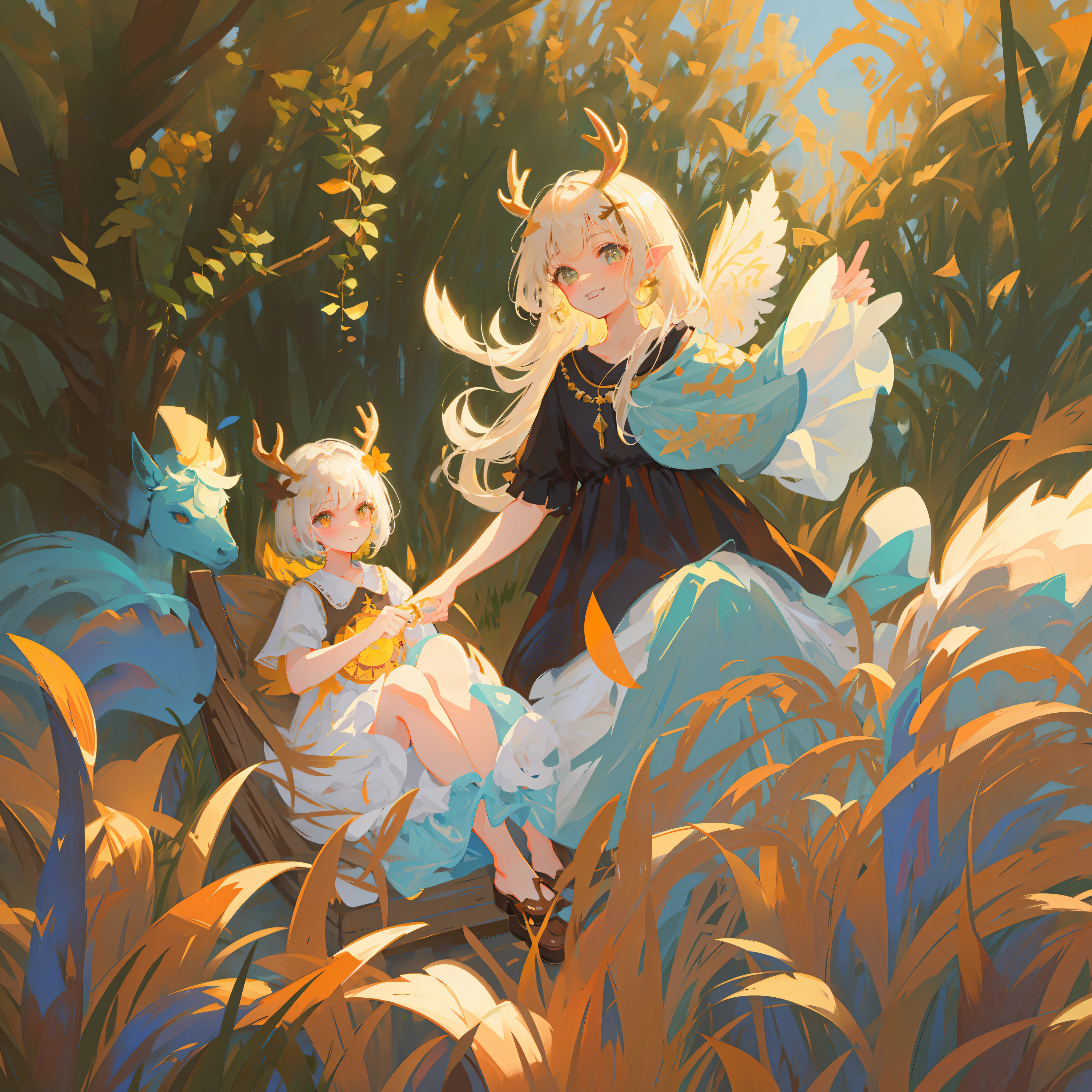 ((Masterpiece, Best Quality)),,(HD Pictures)),1 Girl,Solo,((Beautiful Clear Detail Face)),((Beautiful Detail Eyes)),(Beautiful Detail Eyelashes),Deer Antlers,Barefoot,Knee Up,Dress,Seated,Deer Ears,Short Sleeves, Looking at the Audience, Grass, Short Hair, Smile, Gray Hair, Fluffy Sleeves, Outdoor, Fluffy Short Sleeves, Bangs, On the Ground, Full Body, Vintage Dress, Sunshine, Brown Eyes, Dappled Sunlight, Day, Depth of Field ,,, Hair Decoration, Delicate hair, intricate hair accessories, jewelry, soft lighting, gorgeous colored light and shadow, stunning environment, vivid colors