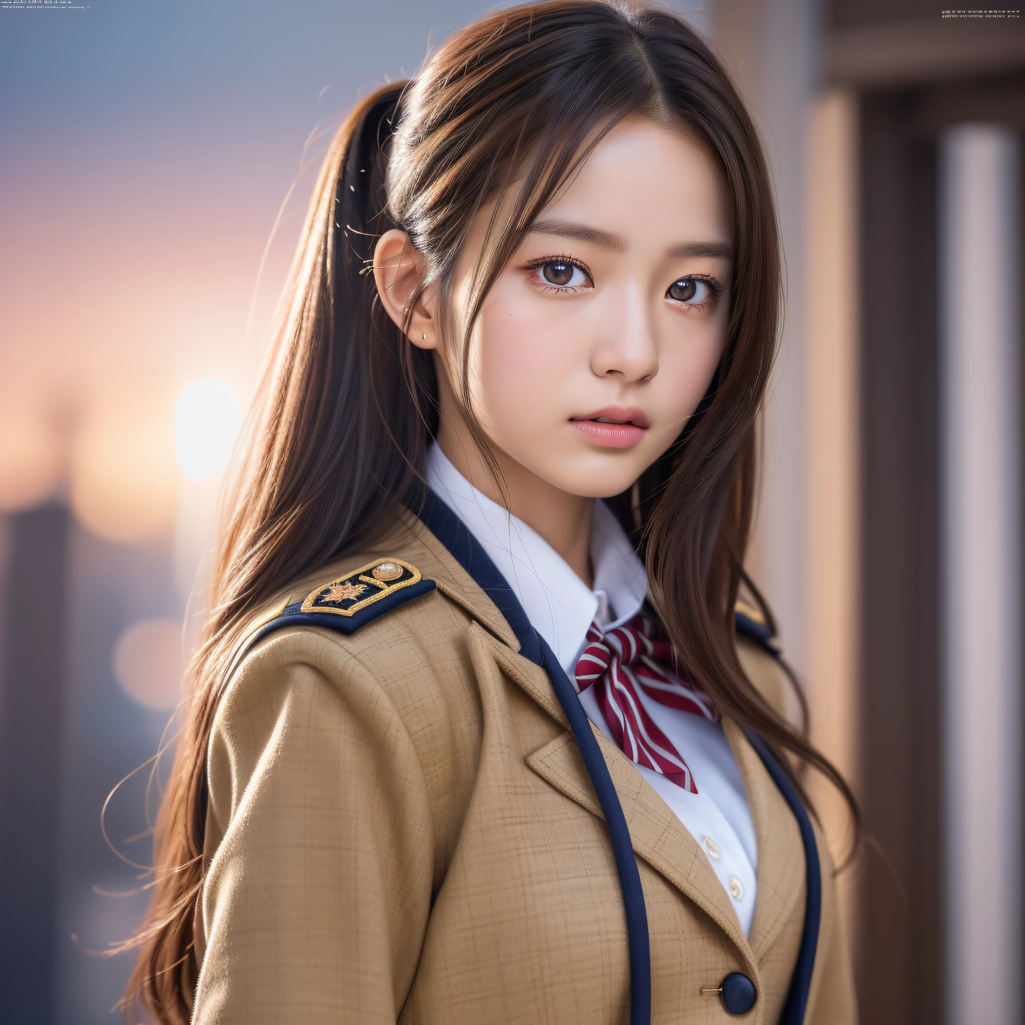 ulzzang-6500-v1.1, (Raw photo:1.2), (Photorealistic:1.4), Beautiful detailed girl, Very detailed eyes and face, Beautiful detailed eyes, Incredible, huge file size, ultra detail, high resolution, very detailed, best quality, masterpiece,, ((Japan girls' high school uniform)), illustration, very detailed, cg, unification, 8k wallpaper, fantastic, fine details, masterpiece, top quality, highly detailed cg uniform 8k wallpaper, light on face, movie lighting, 16 year old girl,