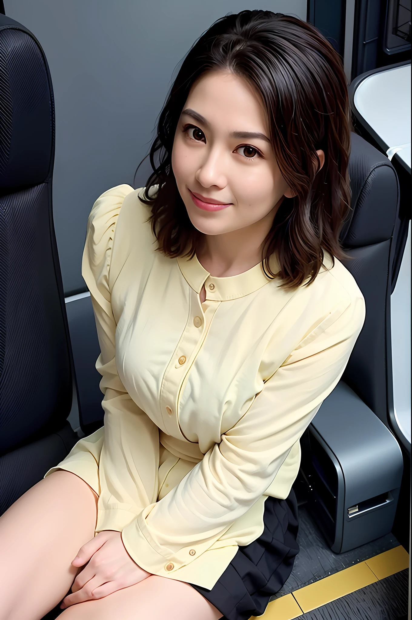 "(Masterpiece, High Definition, Ultra High Definition, 4K) Black hair, 9 years old Japan girl, skirt, thighs, sitting on the train, angle from the bottom face-to-face, sitting on the train seat, sitting in the front, feet on the train floor, full body, sleepy looking down, looking at the viewer only", best quality, ultra high definition, (photorealistic:1.4) ,, high resolution, detail, raw photo, sharp re, Nikon D850 film stock photo by Lee Jefferies 4 kodak portra 400 camera f1.6 lens rich colors hyper realistic lively textures dramatic lighting unreal engine artstation trends cinestir 800,
