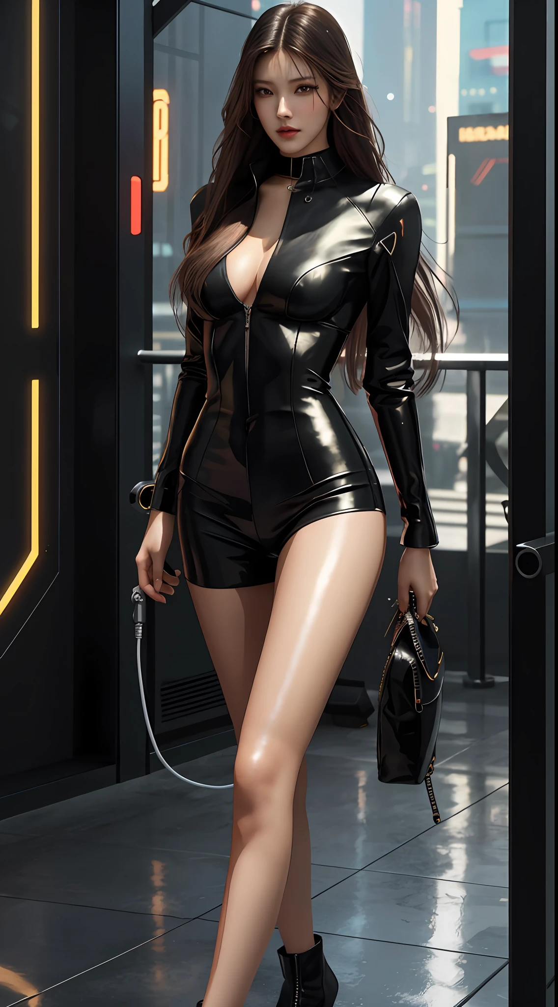 girl, single, top quality, extra long legs, sexy, beautiful, pretty, radiant, cyberpunk, masterpiece, ultra-clear, realistic, ray tracing, big tits,, perfect, especially beautiful, fair skin, overwhelmed, long hair, tight leather clothing