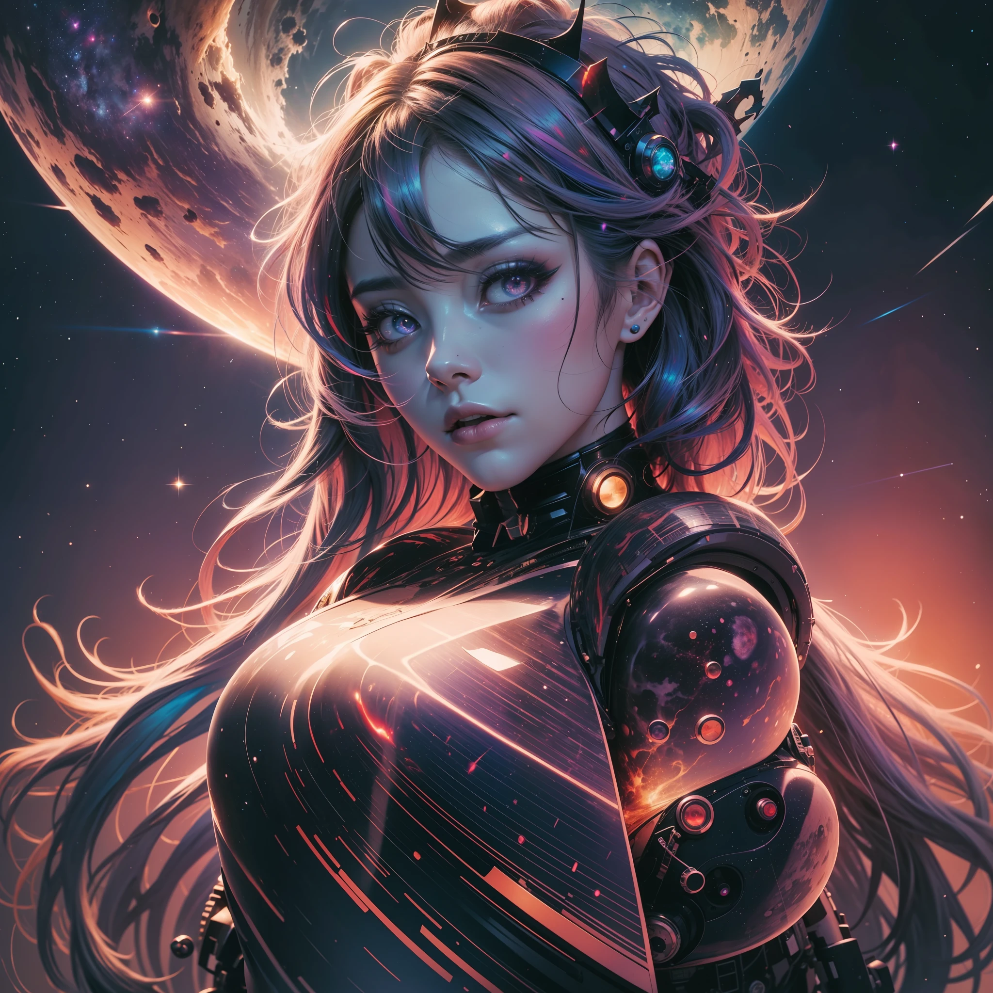 A Dark Cosmic Girl, Nebula Aurea, multicolored hair, crown, devil's eyes, blush, atmospheric perspective, laterally, ray tracing, contemporary art, UHD, retina, masterpiece, ccurate, anatomically correct, textured skin, super detail, high details, high quality, award-winning, best quality, highres, HD, 4K, 8k, T-shirt