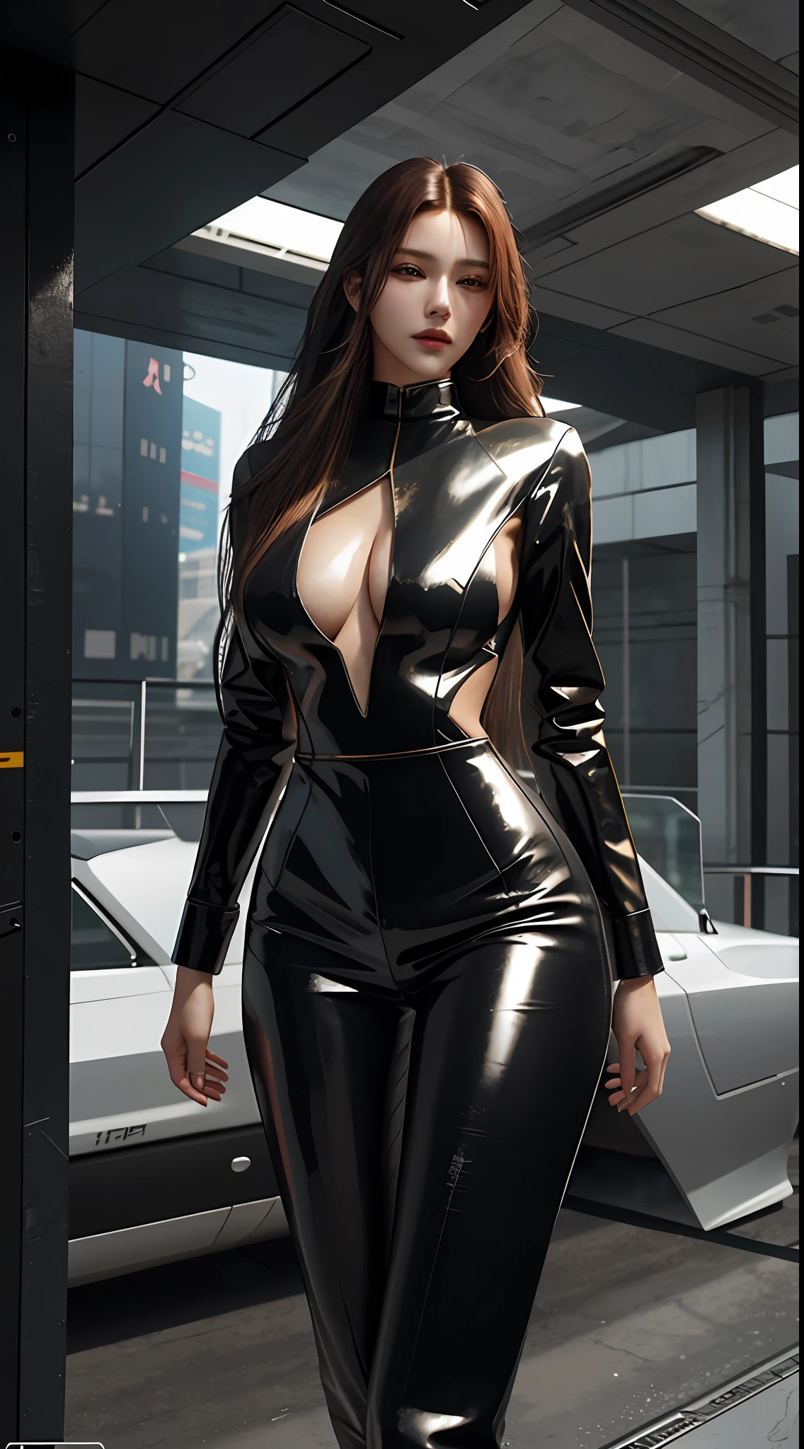 girl, single, top quality, extra long legs, sexy, beautiful, pretty, radiant, cyberpunk, masterpiece, ultra-clear, realistic, ray tracing, big tits,, perfect, especially beautiful, fair skin, overwhelmed, long hair, tight leather clothing