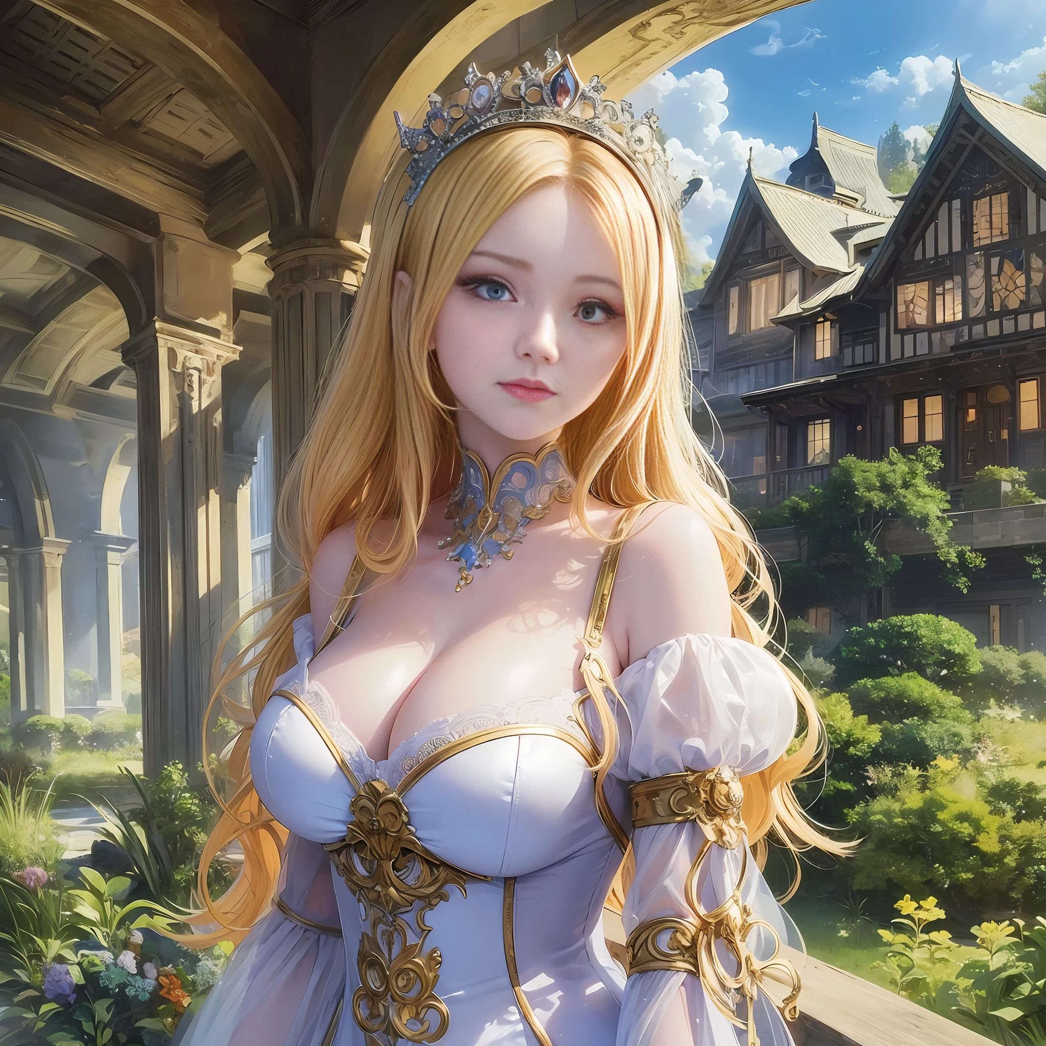 masterpiece, top quality, anime illustration, beautiful 19-year-old girl, pale skin,
Swedish
pronounced feminine features,

sexy royal dress,
wavy blond hair,
large breasts,
[smile],
(cottage background),
modern style
(8K, Magnificent Composition, Photorealistic, Sharp Focus),
elaborate background,
DSLR,

intricate details,
fine details,

backlight, --auto --s2