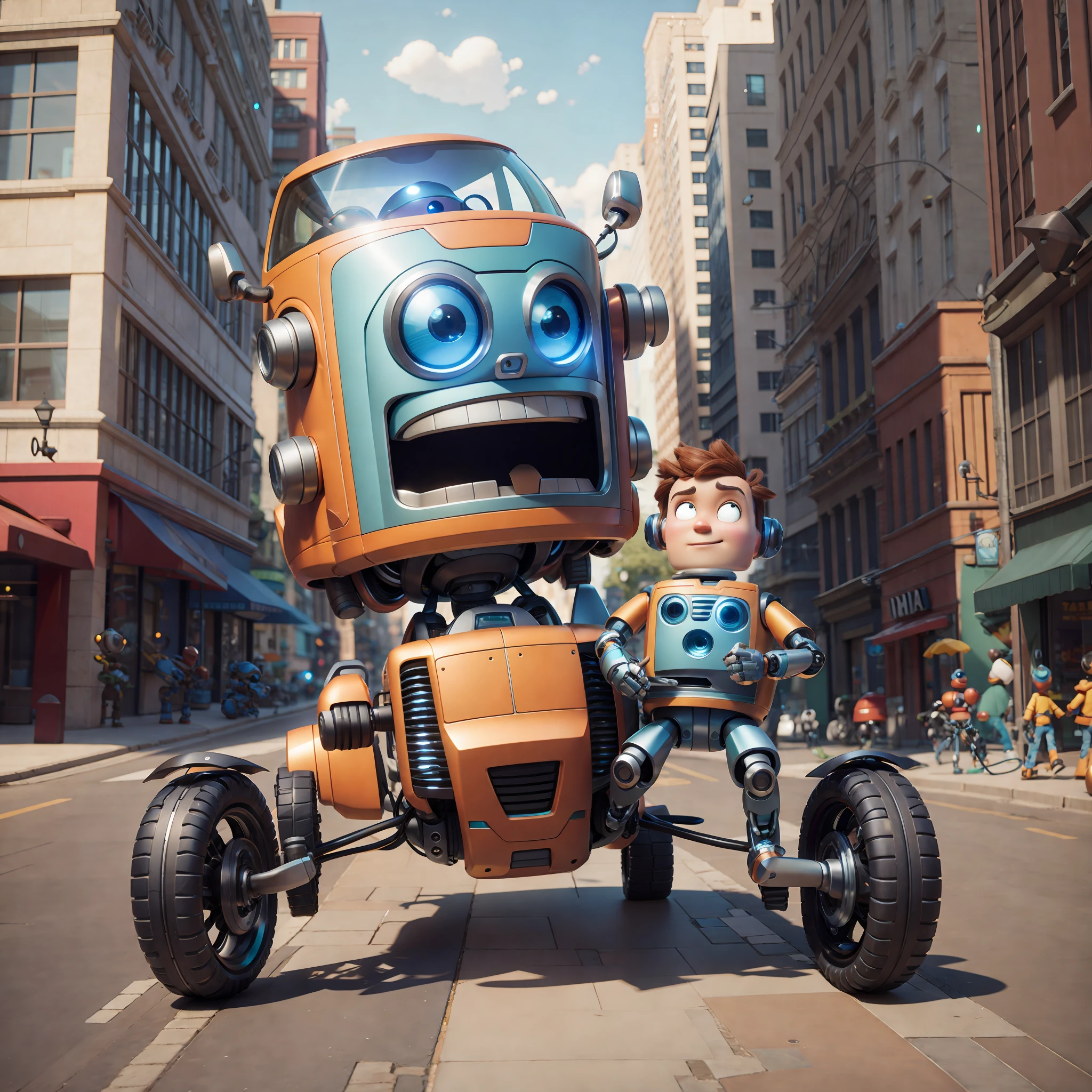 cartoon robot riding on a small vehicle with a boy on the back, pixar octane render, pixar. octane render, super rendered in octane render, cute 3 d render, 3 d animated movie, animated film, rendered in octane render, octane render ”, octane render”, greg rutkowski. octane render, pouty look :: octane render, pixar renderman render
