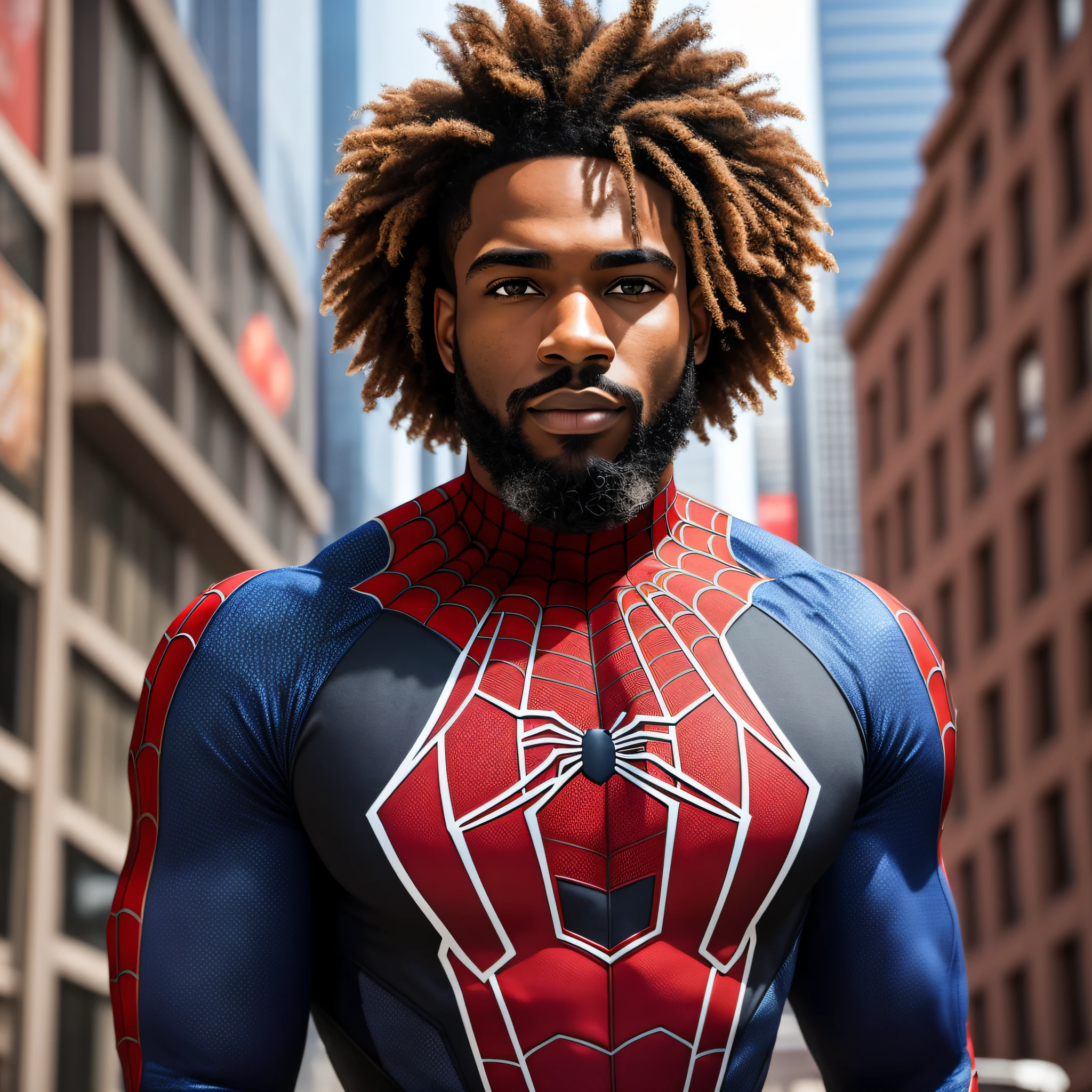 A black man with a well-groomed beard and curly hair wearing the Spider-Man costume. The costume features the iconic red and blue colors with web patterns. The scene is set in a bustling cityscape during the day, with tall buildings and people going about their daily lives. The style is photography, with a focus on capturing the details of the costume. --ar 16:9 --auto --s2