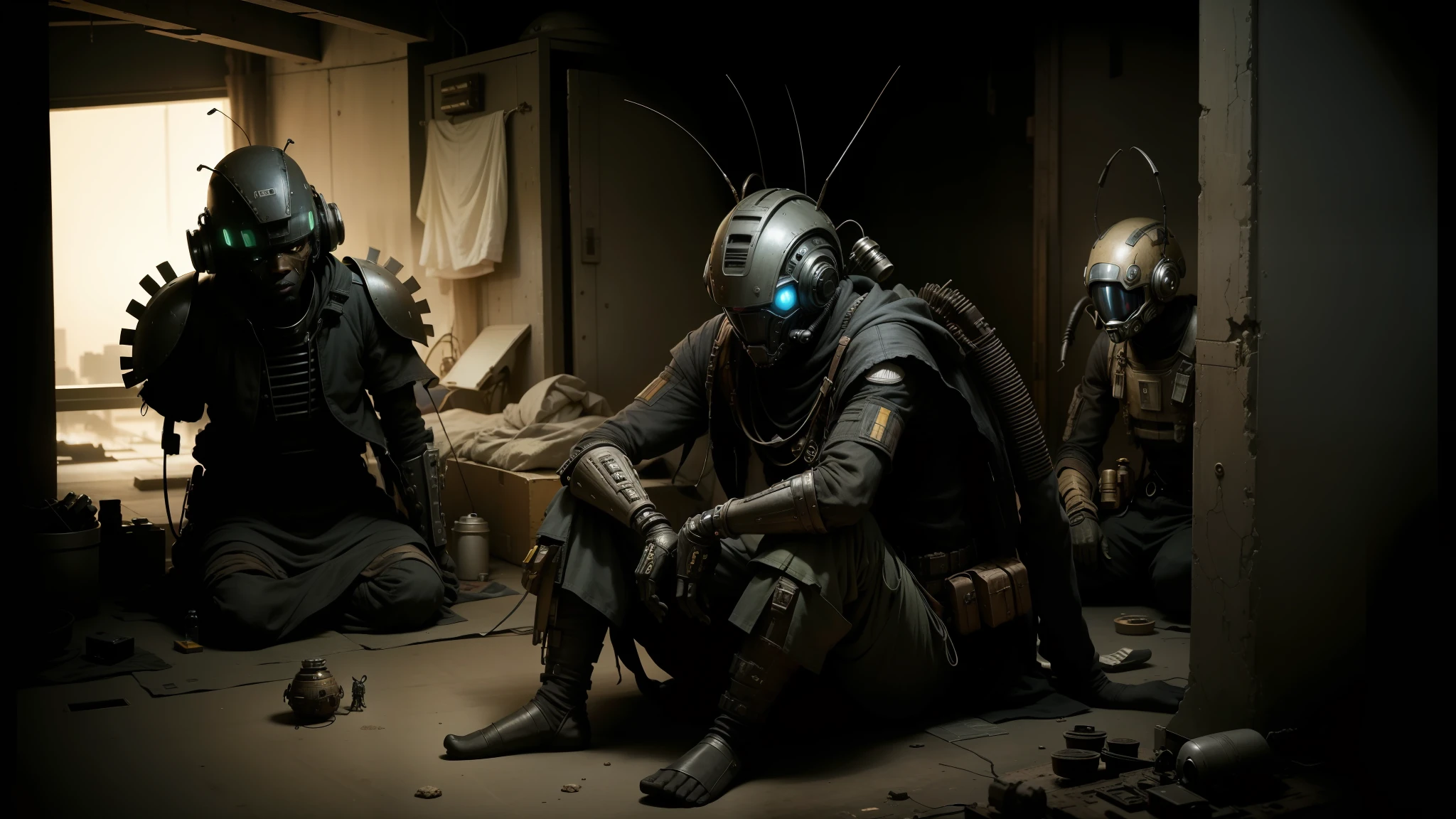 there are two men in alien costumes sitting in a room, yasuke 5 0 0 px models, dystopian slums, machinarium, steampunk insect, still image from tv series, tribal style, by emmanuel lubezki, robotic faces, interconnected human lifeforms, by Fred A. Precht, kitbashing --auto --s2