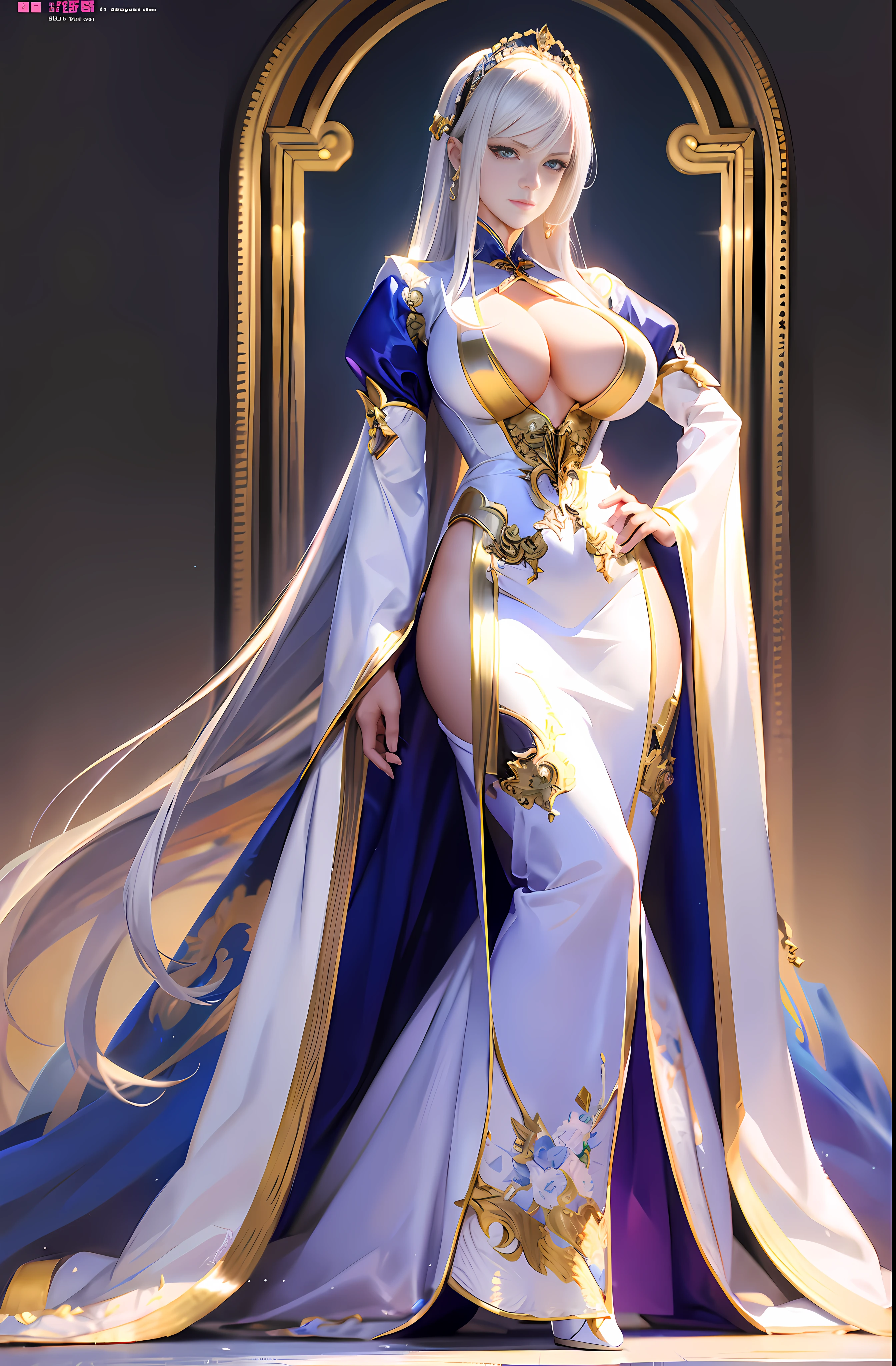 Master anime work, impeccable masterpiece, a mature noblewoman standing on a pure white background in a cool and sexy costume, female boss, flowing silver hair, full body standing, slender legs, straight breasts, detailed face details, natural and beautiful standing posture, vivid and real body details