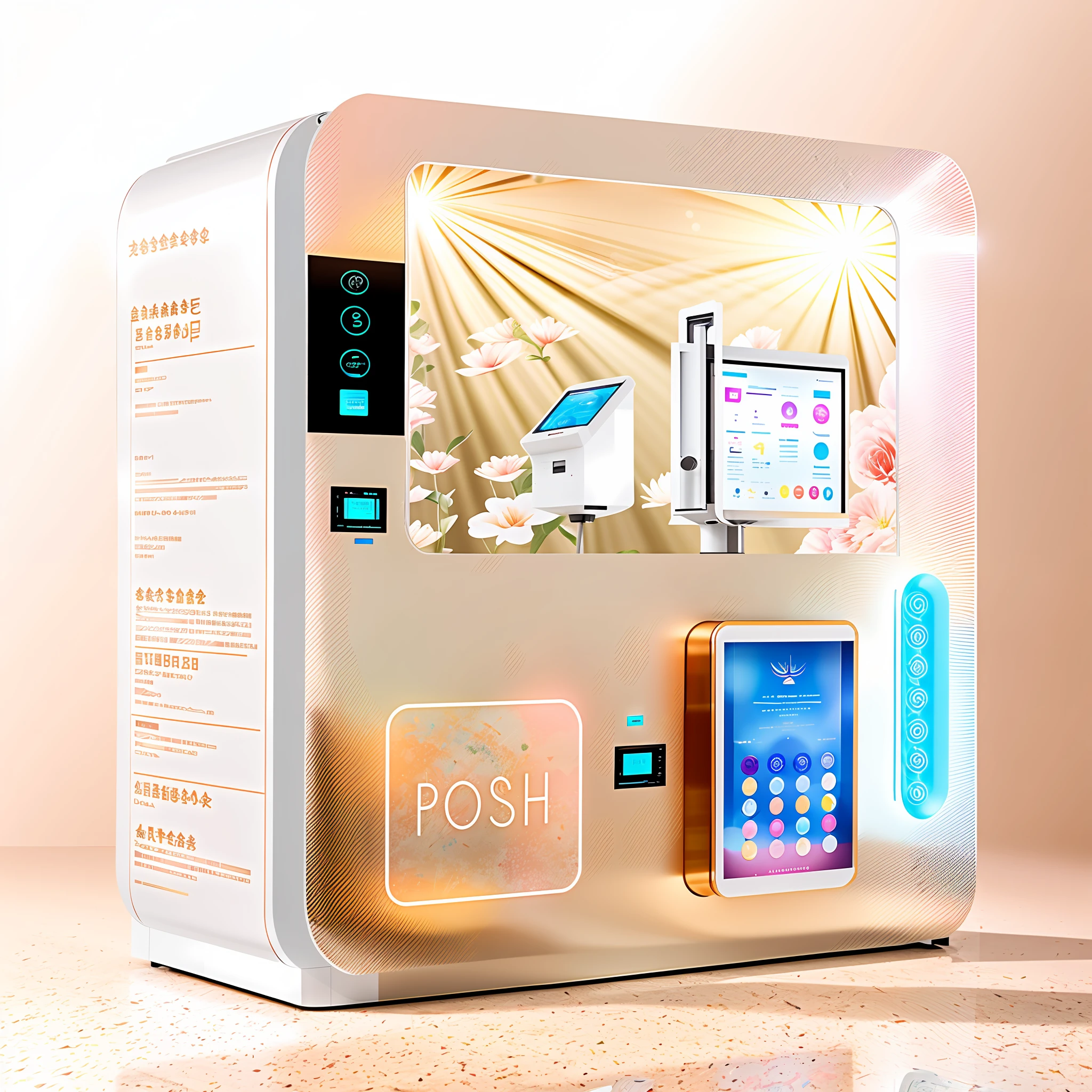 Automatic beauty product machine, panel centered, official product image, the upper large screen is the advertising screen, the front protruding small screen is the card machine, the body has the style of beauty, and the body appears reasonable elements with cosmetics
