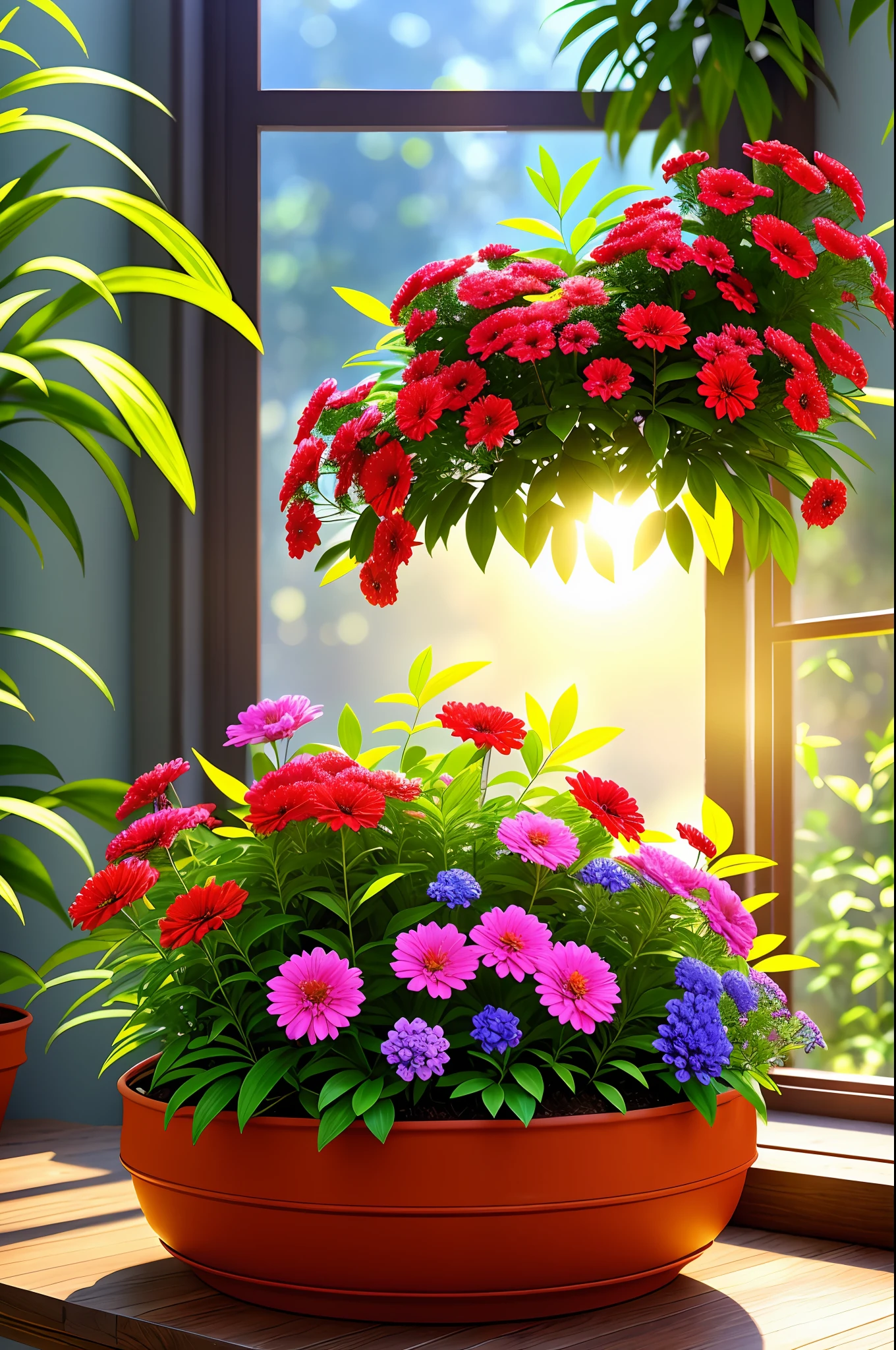 Clay flower tray, colorful flowers, magical colorful flowers, colorful flowers, colorful flowers, colorful flowers and plants, by the window, sunlight coming in, lots of details, high quality, 8k