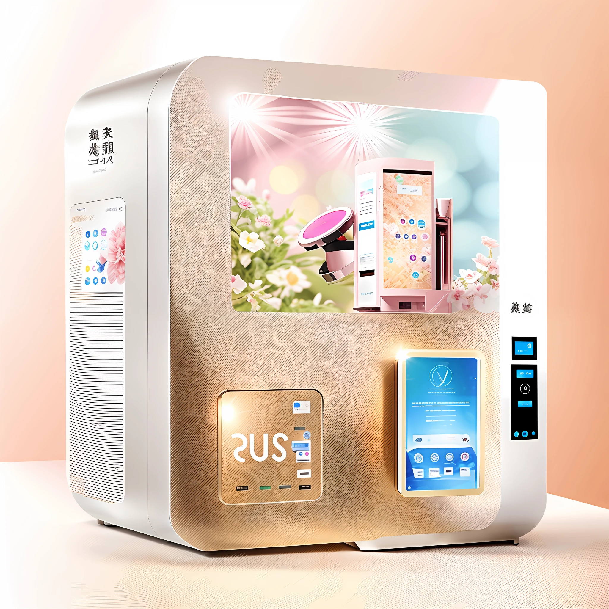 Automatic beauty product machine, panel centered, official product image, the upper large screen is the advertising screen, the front protruding small screen is the card machine, the body has the style of beauty, and the body appears reasonable elements with cosmetics