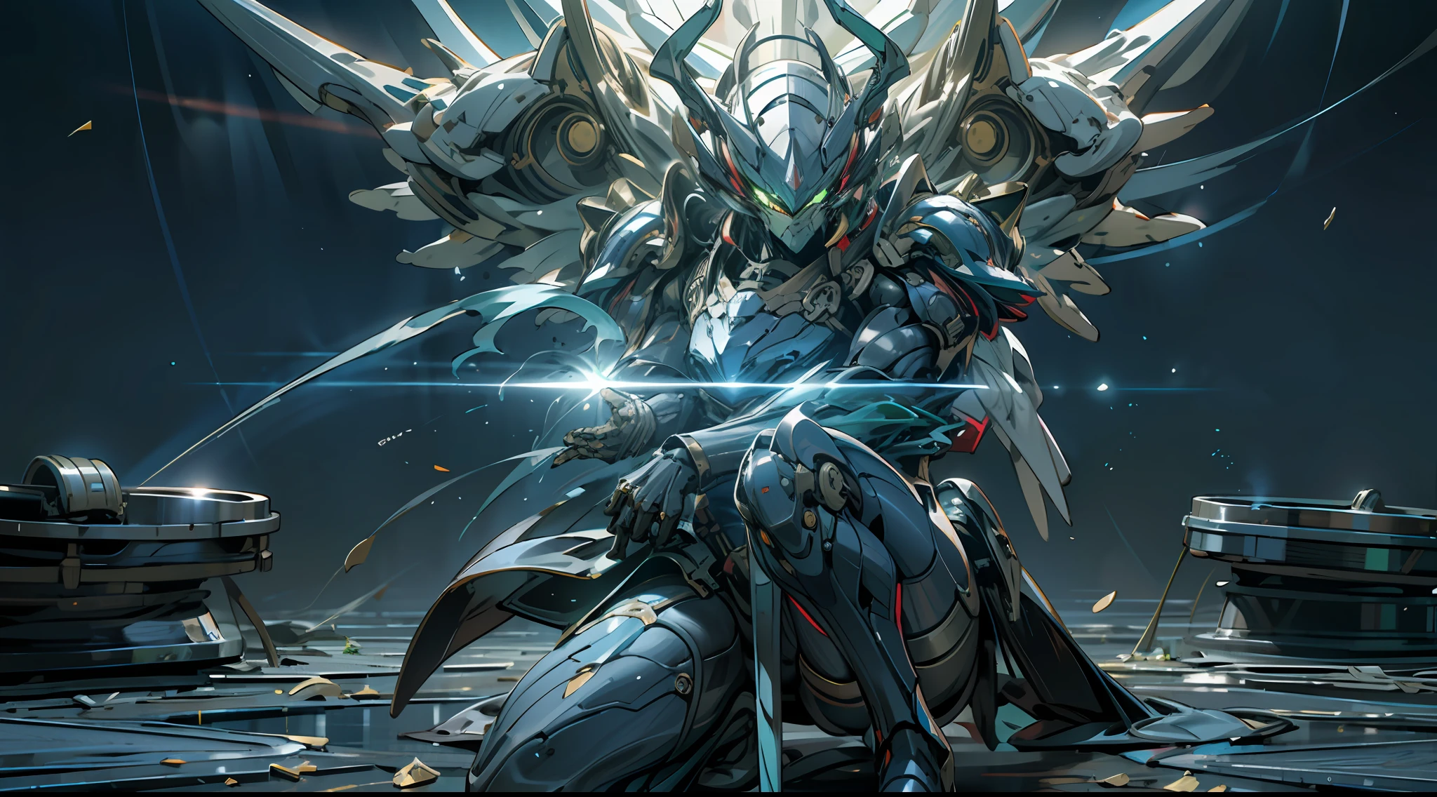 Ultra-high-definition mecha upright performance, metallic paint gloss, delicate lines, blue main color, orange-red heavy missile shoulder and shoulder device, green hand and leg luminous equipment, strong light source projection, phantom special effects, bright and clear, green glowing eyes, mecha is not blurred, the background texture is clear, the contrast between light and dark is vivid, there is a pair of mechanical six-winged wings, full of visual impact, and the overall picture quality is black """