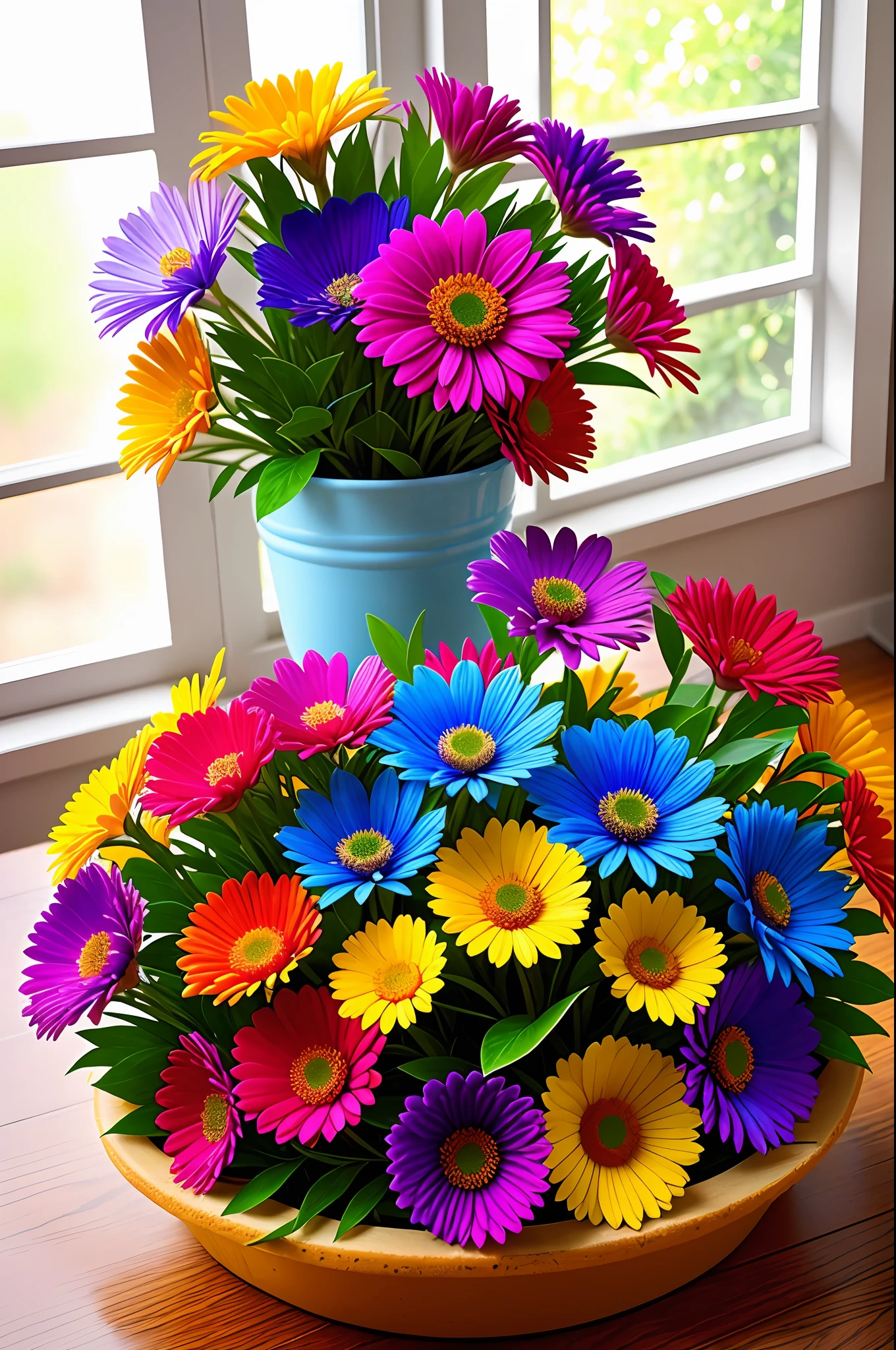 Clay flower tray, colorful flowers, magical colorful flowers, colorful flowers, colorful flowers, colorful flowers and plants, by the window, sunlight coming in, lots of details, high quality, 8k