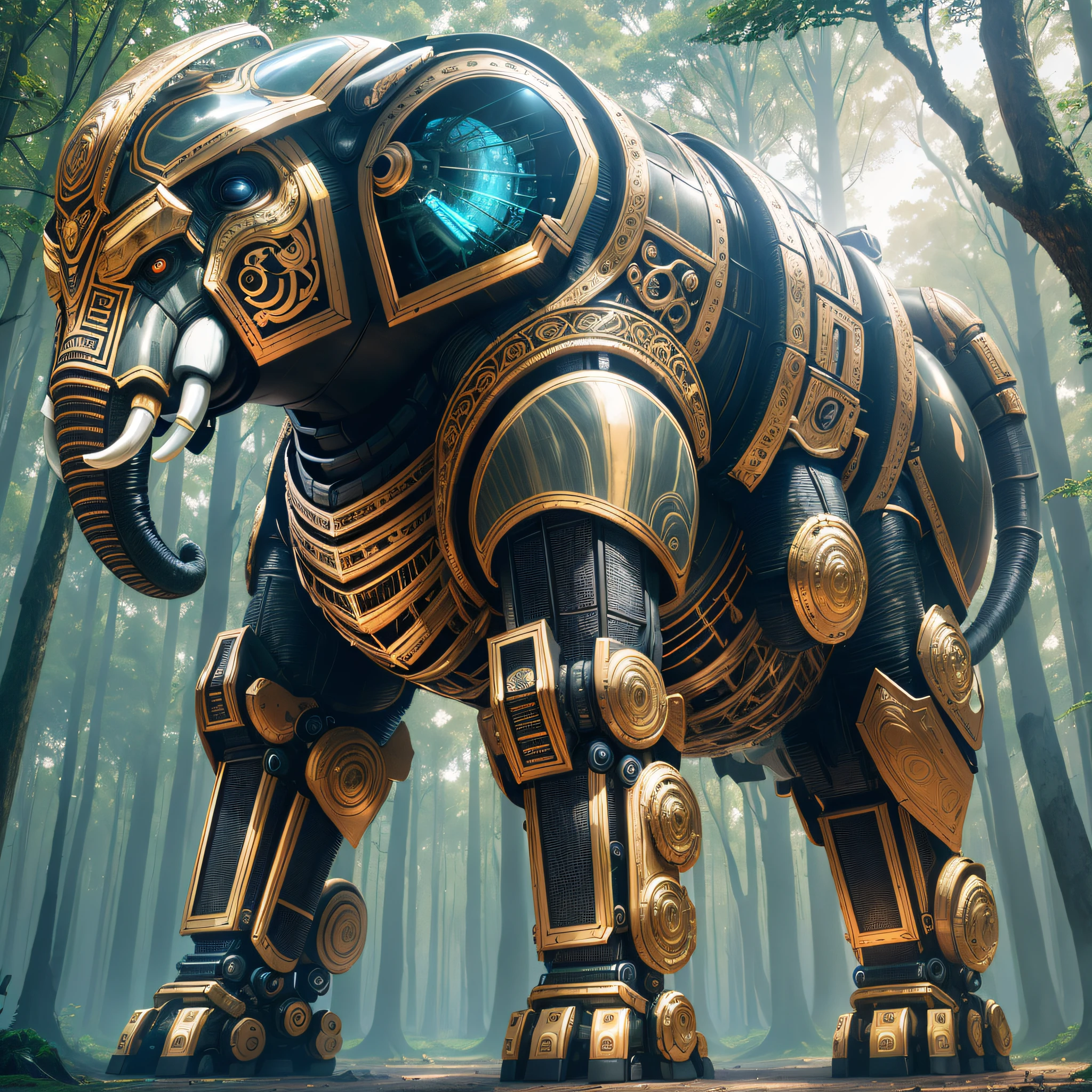 there is a large elephant statue in the middle of a forest, mech shaped like a manatee, mecha animal, elephantine armored knight, golden mammoth in a ruined city, cute elaborate epic robot, ornate exoskeleton, by Adam Marczyński, surreal hybrid animals, robot animal, kaladesh concept art. mechanical, 3 d render beeple
