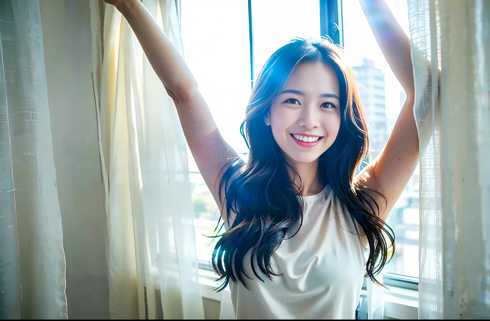 ((Best Quality)), ((Masterpiece)), (Details: 1.4), One woman, standing in front of the window with white curtains, looking out the window, posing with arms raised and elbows outstretched (arms up + happiness), expressing joy, expressing joy and cheerfulness, against the background of natural light, advertising image, excited with a smile, morning time, excitement, satisfaction pose, happy look, arms raised, shining morning light, shining happy atmosphere