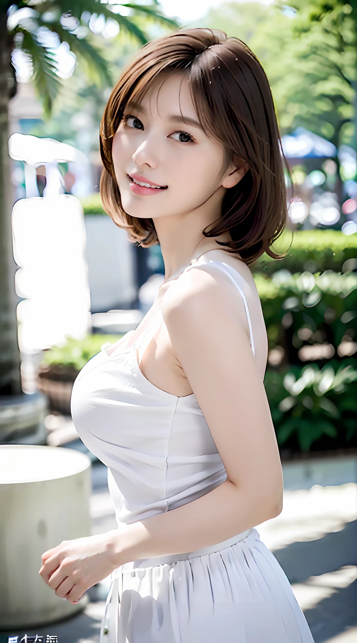 (white camisole, white long skirt, cowboy Shot, from side, dark brown short hair, gigantic breastss, arms behind back, standing:1.5), (masterpiece, best quality, highly detailed, absurdres, RAW photo, Ultra High Definition: 1.4), Highly Detailed Face and Skin Texture, Detailed Eyes, Sharp Focus, A Girl, White Skin, Real Human Skin, Oval Face, Pore, Gentle and Goddess-like Eyes, Lip Gloss, Eyelashes, Gloss Face, Wide Lighting, Natural Shading, Small Waist, Slender Body, Very Light Smile, at Park