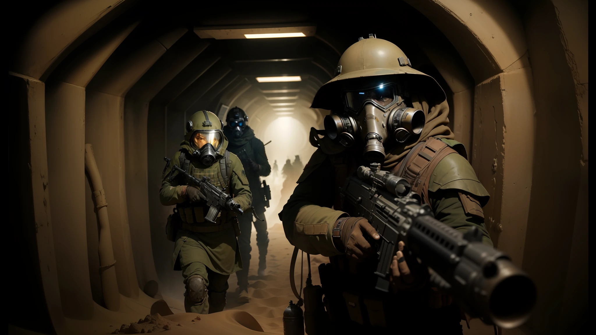 soldiers in gas masks and gas masks are walking through a tunnel, film still from movie dune-2021, steampunk tribal mask, valerian, sand and desert environment, walrus, promotional image, movie still of a snarling, door gunner --auto --s2