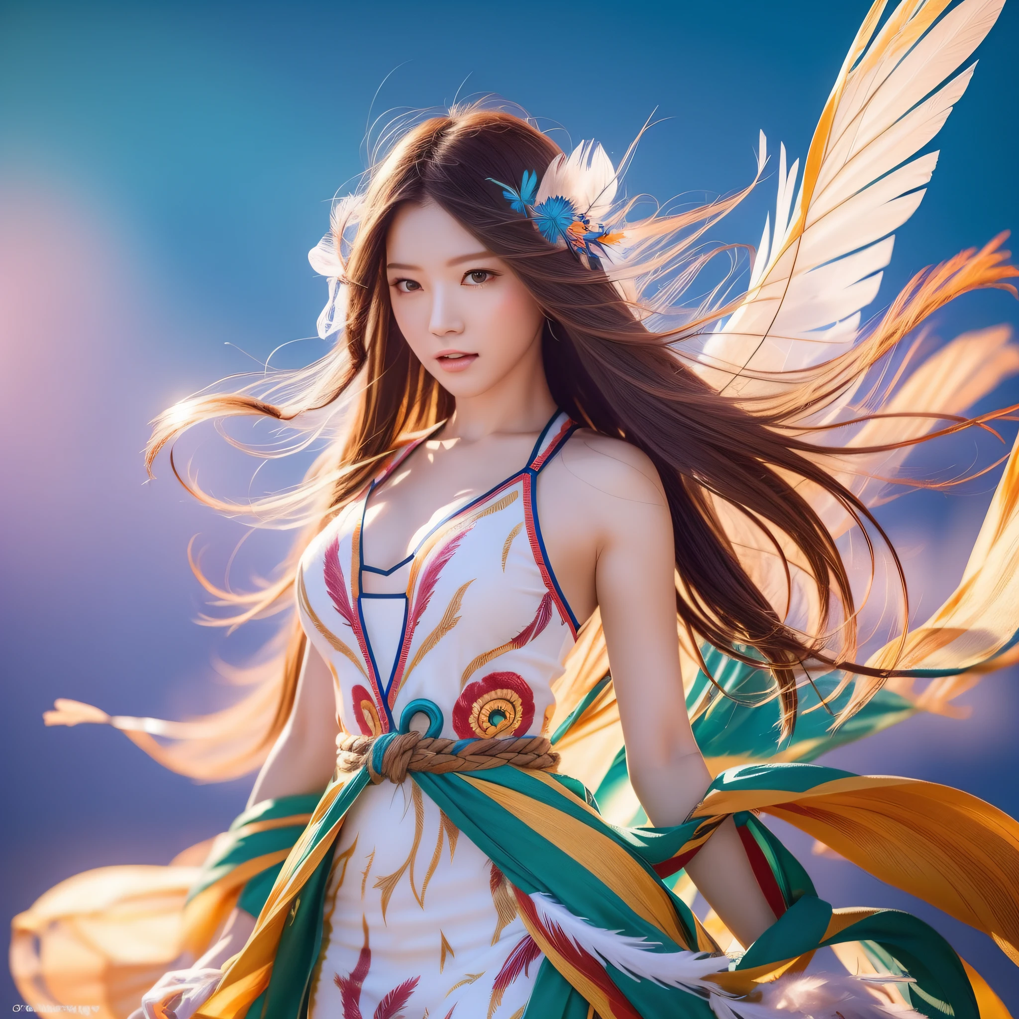 Generate beautiful wind spirit images. Include flowing hair, transparent feathers, and a calm look. Bright colorful background, photorealistic, masterpiece, highest quality, super detail, HDR, 8K