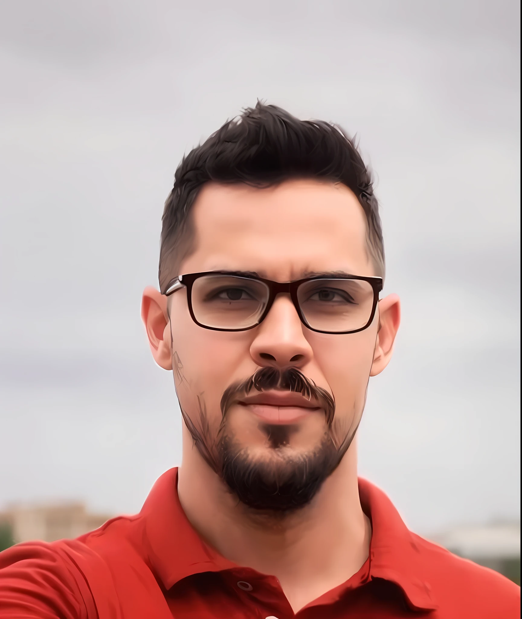 3d version adult character in pixar style disney of this image people background with buildings + professional man 30 years old red shirt taking selfie with cell phone, with glasses and goatee, with black and goatee, light beard with red shirt, short goatee, Christian Orrillo, Andres Rios, with small beard, Alex Yanes, portrait of Danny Gonzalez, professional profile picture,