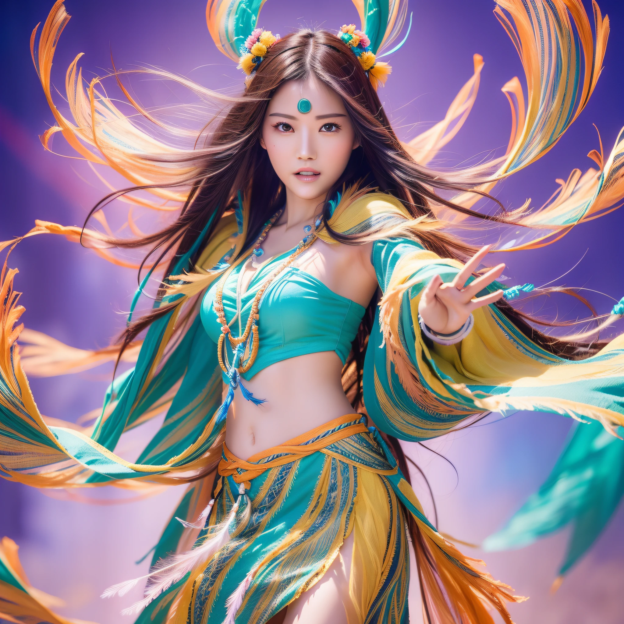 Generate beautiful wind spirit images. Include flowing hair, transparent feathers, and a calm look. Bright colorful background, photorealistic, masterpiece, highest quality, super detail, HDR, 8K
