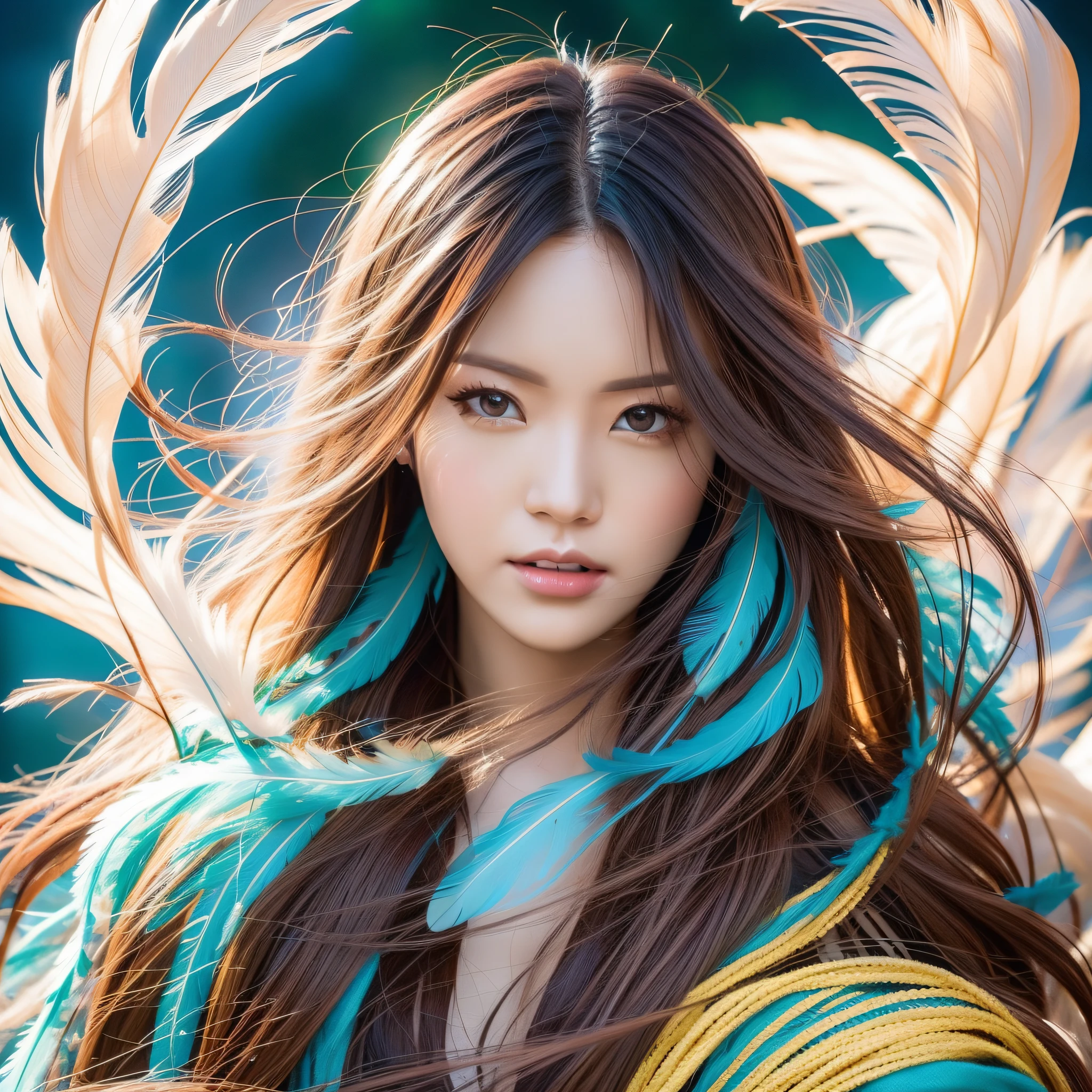 Generate beautiful wind spirit images. Include flowing hair, transparent feathers, and a calm look. Bright colorful background, photorealistic, masterpiece, highest quality, super detail, HDR, 8K