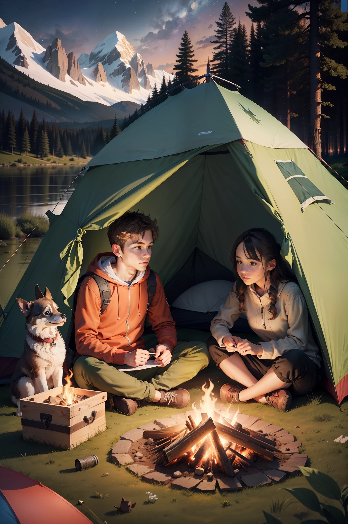 An illustration of a camping scene, ((Camping for a couple 1.6)), (dark background, night), forest, meadow, lake, mountain, tent, (bonfire party 1.2), starry sky, happy and relaxing, cute digital painting, cute detailed digital art, whimsical, cute digital art, children's art in Artstation, beautiful digital artwork, AW, masterpiece, super fine photo, best quality, super high resolution, photorealistic realism