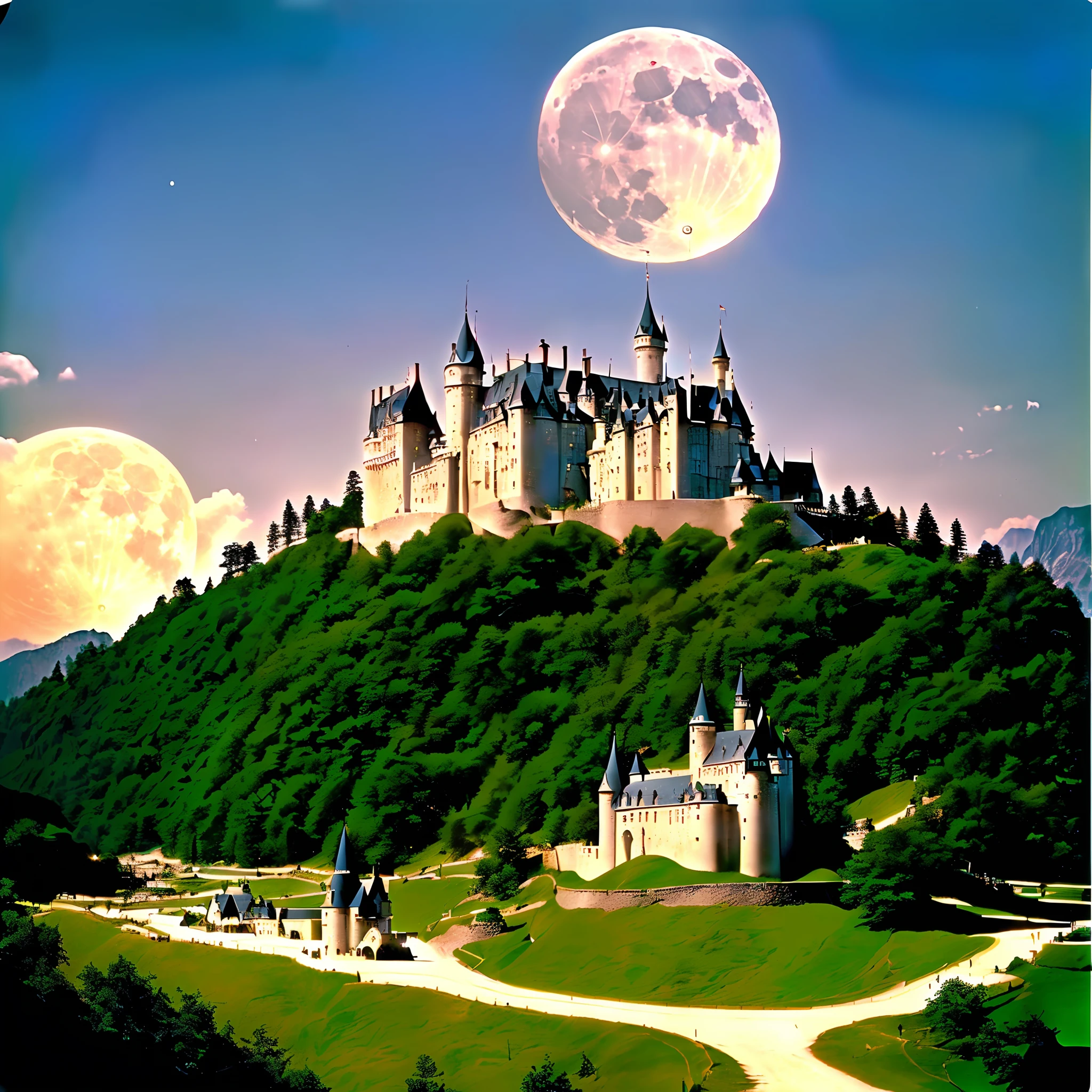 a woman queen ice, realistic photo of a castle on a hill with a full moon in the background, cgsociety, fantasy art, fantasy, fantasy, epic hyper-detailed masterpiece ultra-wide, cinematic still , glamour hyper shoot , bokeh, pre-raphaelite, photo, realistic, 35 mm, photography , 8k resolution , 8 k, cinematic lighting, photographic, Eastman Kodak Color Negative film 5251 50T shot on panavision super , art by Bagshaw Tom, stanley, greg rutkowski, thomas kindkade, norman rockwell